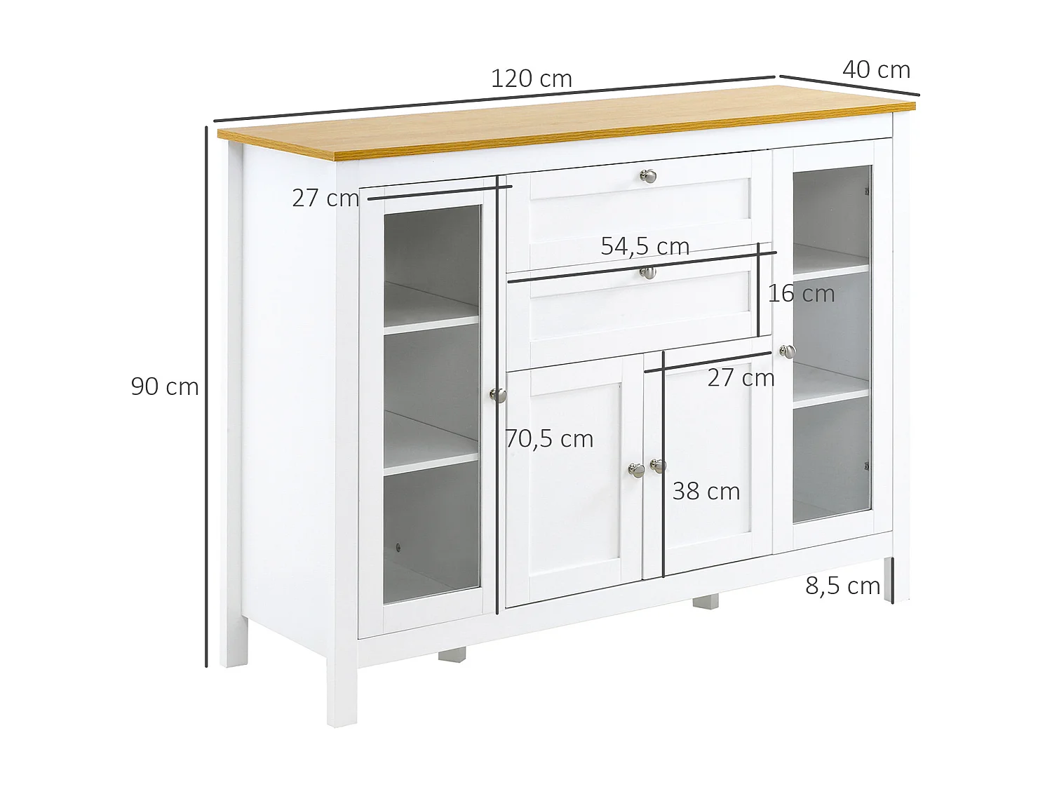 Buffet style classique chic multi-rangement 2 portes 2 étagères réglables 2 tiroirs coulissants placard 2 portes MDF blanc plateau aspect bois clair