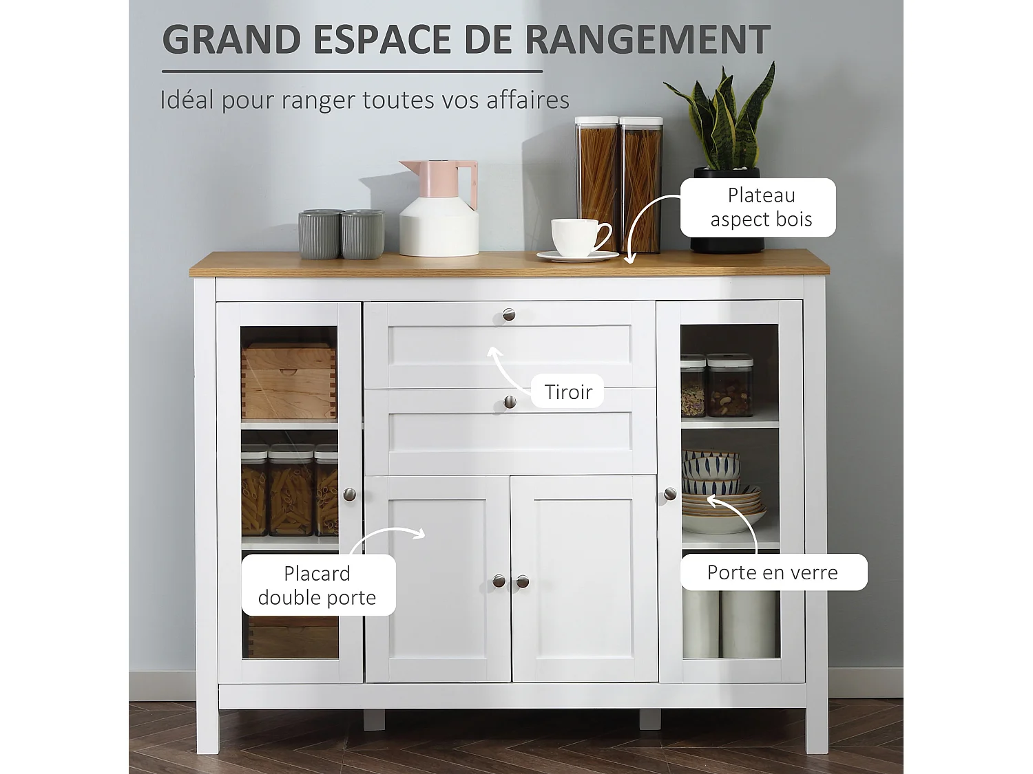 Buffet style classique chic multi-rangement 2 portes 2 étagères réglables 2 tiroirs coulissants placard 2 portes MDF blanc plateau aspect bois clair