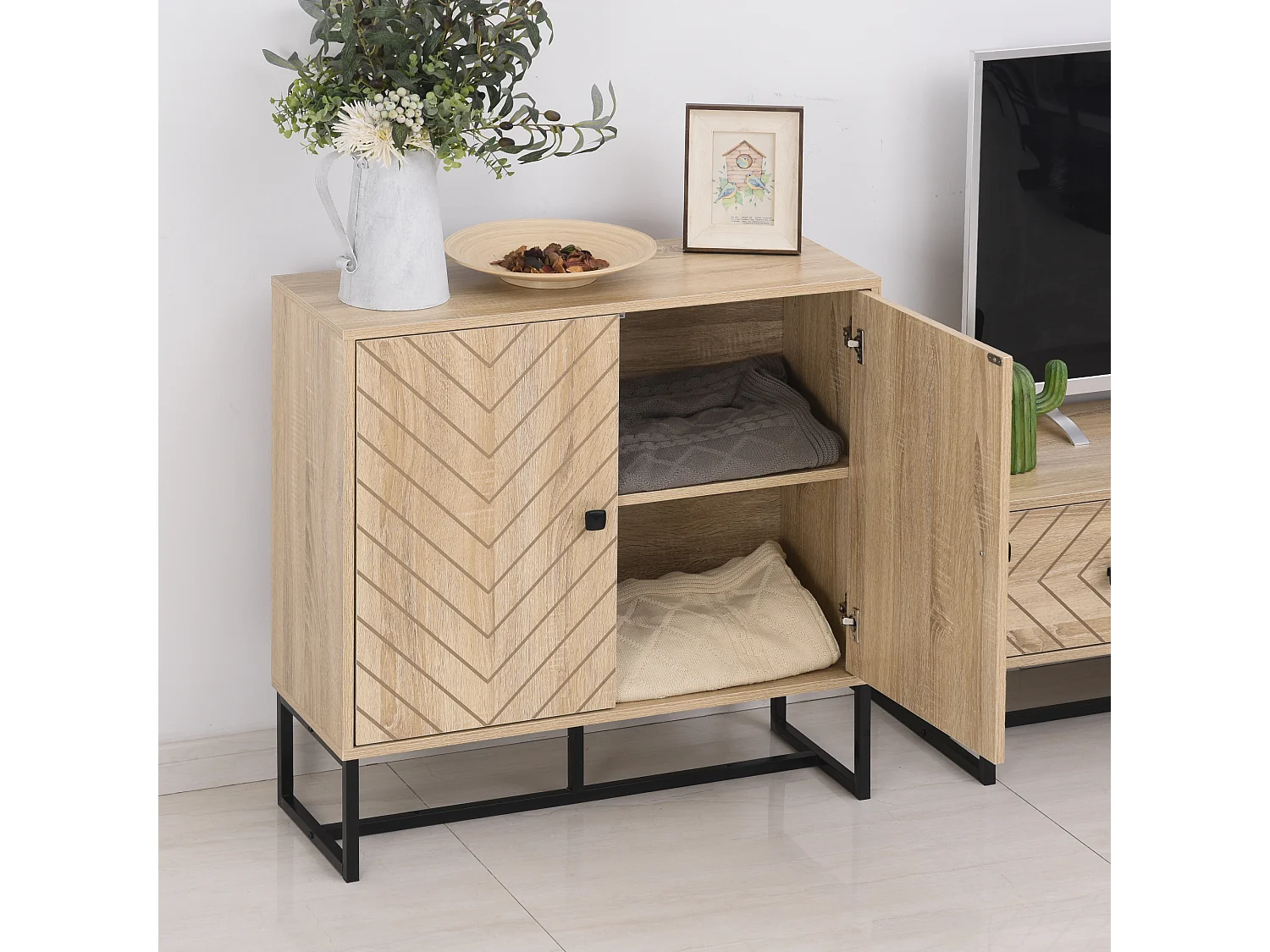 HOMCOM Buffet meuble de rangement 2 portes bois et pieds en métal noir dim. 80L x 29,5l x 80H cm