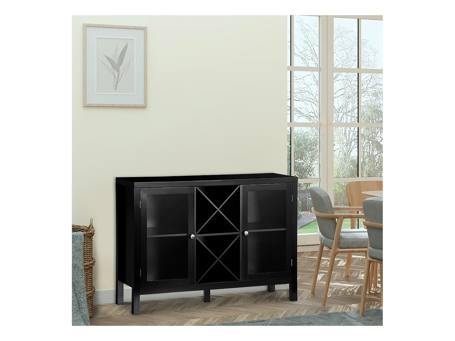 Buffet meuble de rangement 2 portes vitrées avec étagère réglable et porte-bouteilles dim. 107I x 30l x 77H cm MDF noir