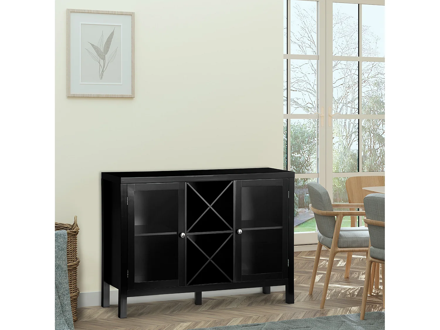 Buffet meuble de rangement 2 portes vitrées avec étagère réglable et porte-bouteilles dim. 107I x 30l x 77H cm MDF noir