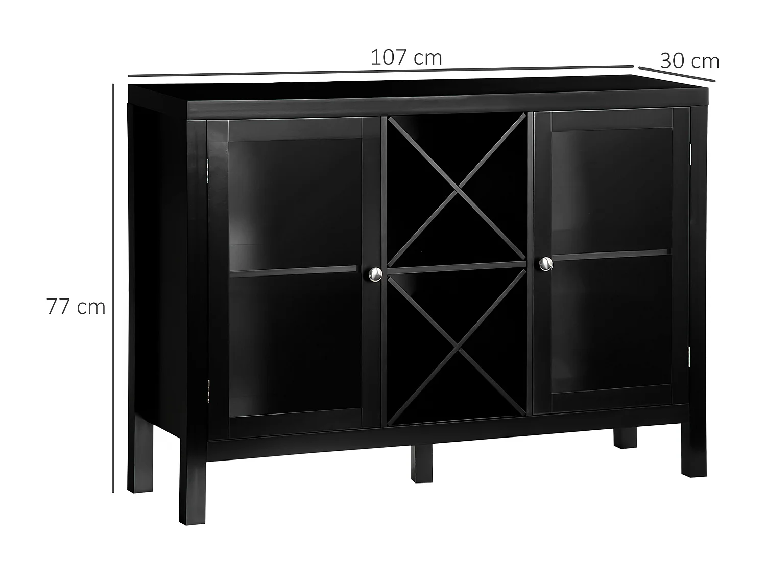 Buffet meuble de rangement 2 portes vitrées avec étagère réglable et porte-bouteilles dim. 107I x 30l x 77H cm MDF noir