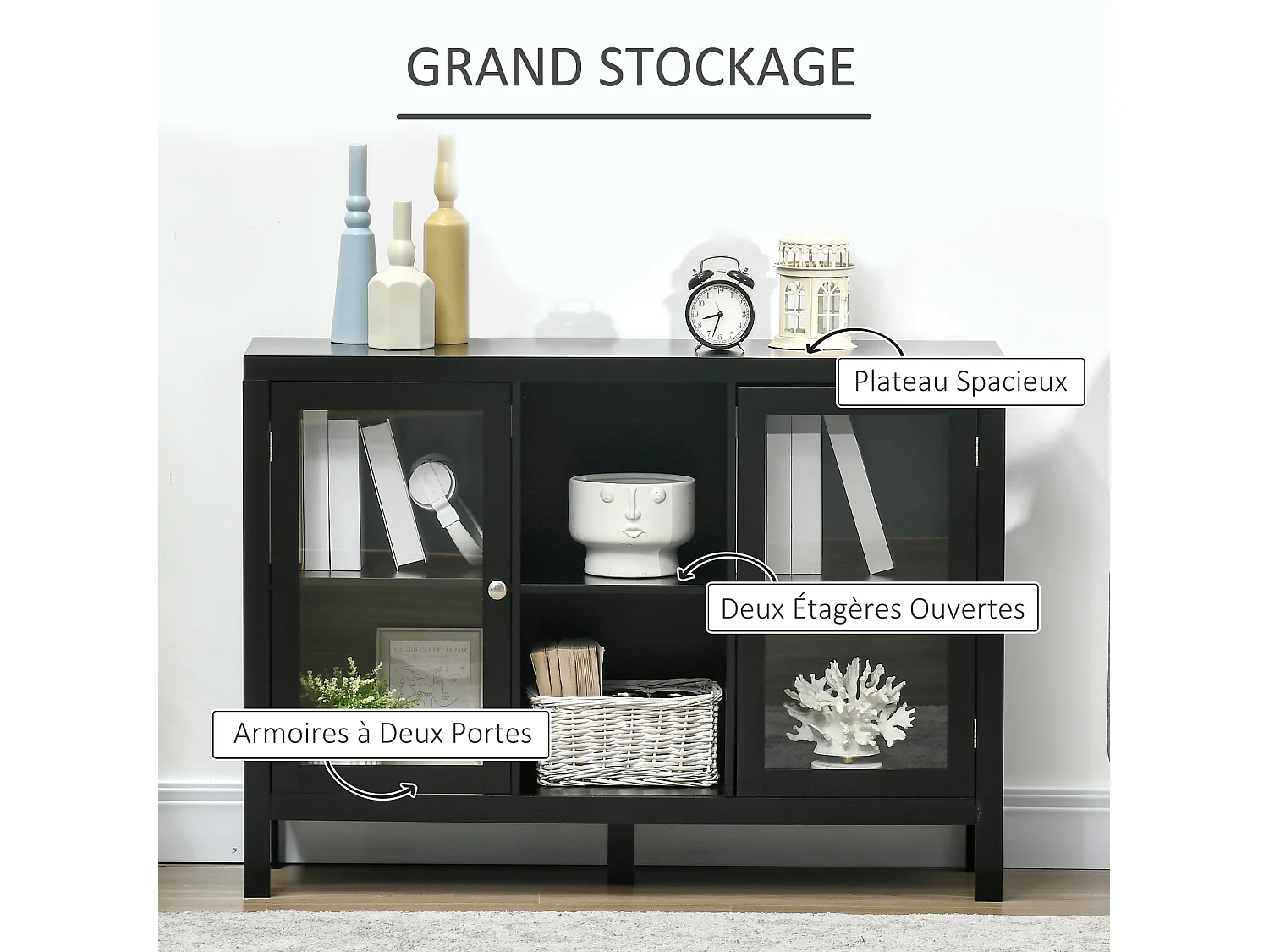 Buffet meuble de rangement 2 portes vitrées avec étagère réglable et porte-bouteilles dim. 107I x 30l x 77H cm MDF noir