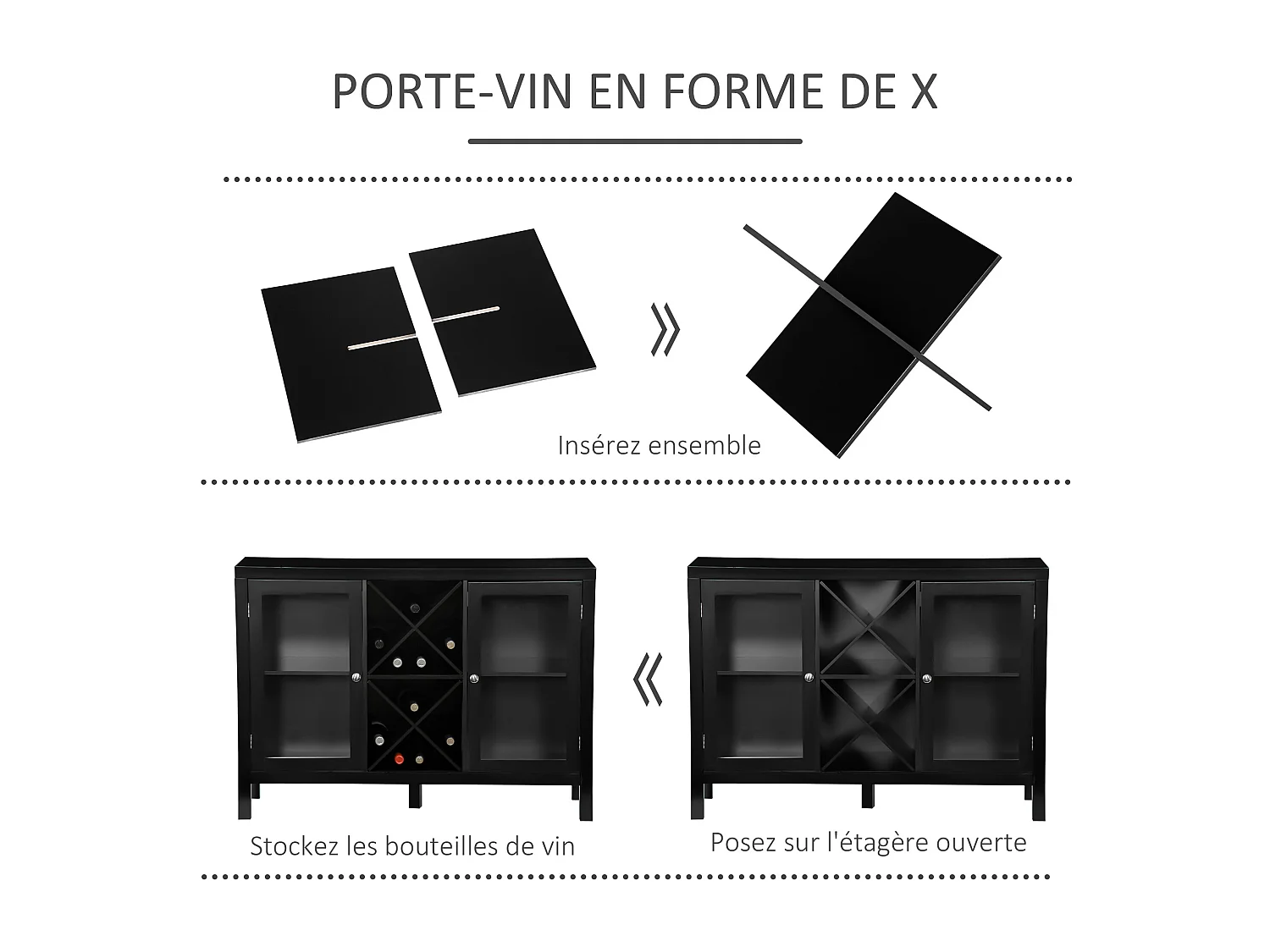 Buffet meuble de rangement 2 portes vitrées avec étagère réglable et porte-bouteilles dim. 107I x 30l x 77H cm MDF noir