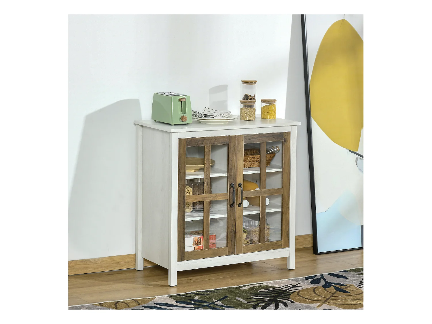 Buffet armoire de rangement - 2 portes vitrine verre, 2 étagères réglables - verre trempé panneaux particules aspect bois blanc effet céruse