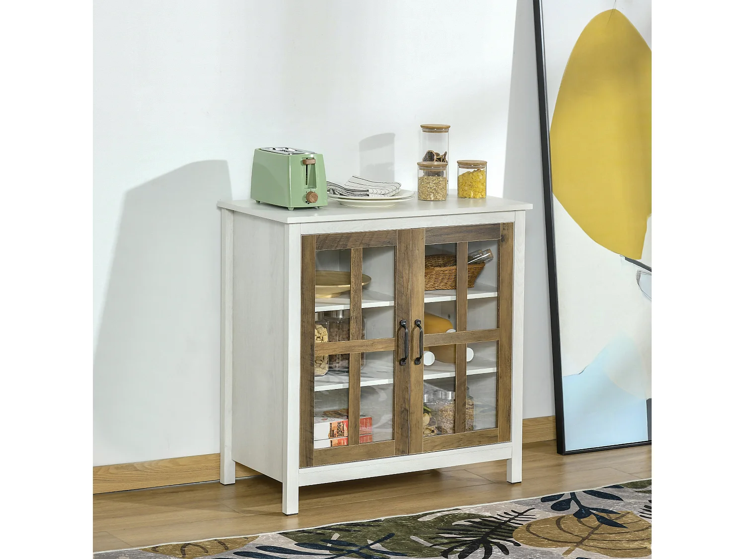 Buffet armoire de rangement - 2 portes vitrine verre, 2 étagères réglables - verre trempé panneaux particules aspect bois blanc effet céruse