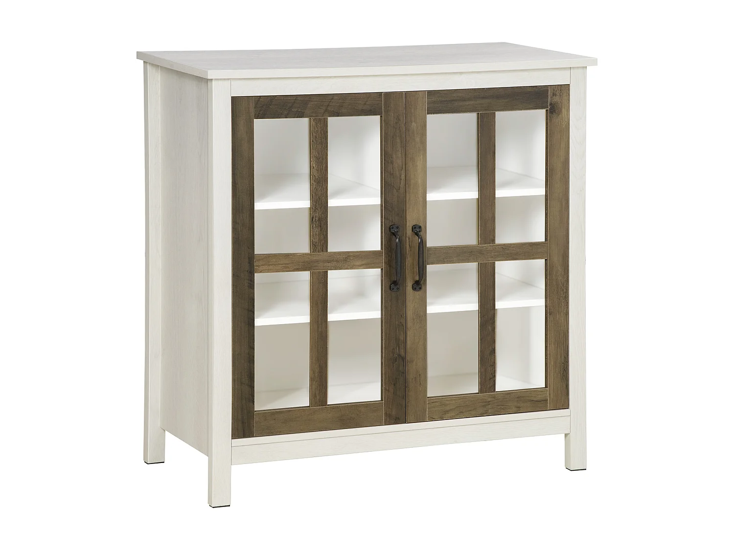 Buffet armoire de rangement - 2 portes vitrine verre, 2 étagères réglables - verre trempé panneaux particules aspect bois blanc effet céruse