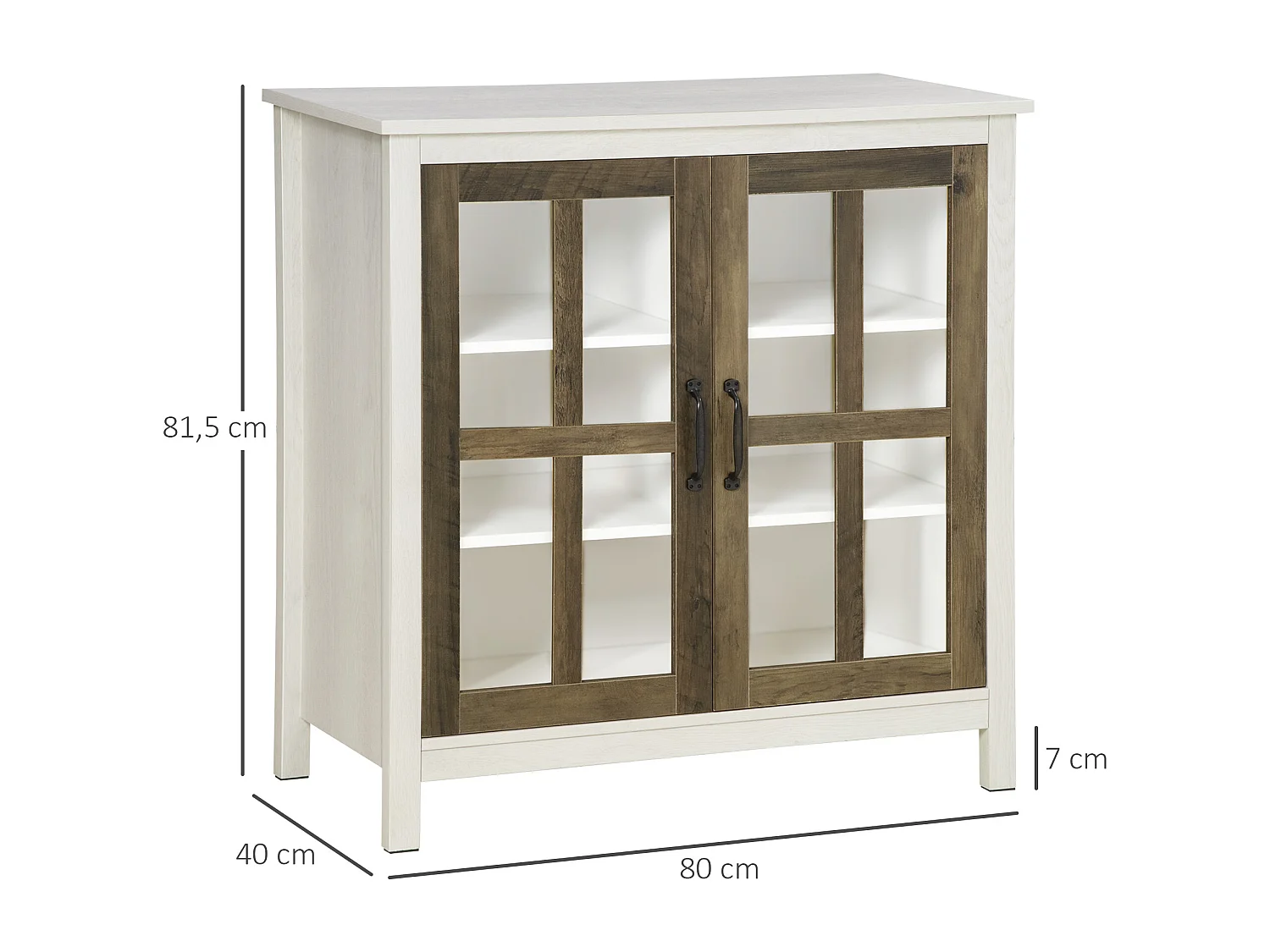 Buffet armoire de rangement - 2 portes vitrine verre, 2 étagères réglables - verre trempé panneaux particules aspect bois blanc effet céruse