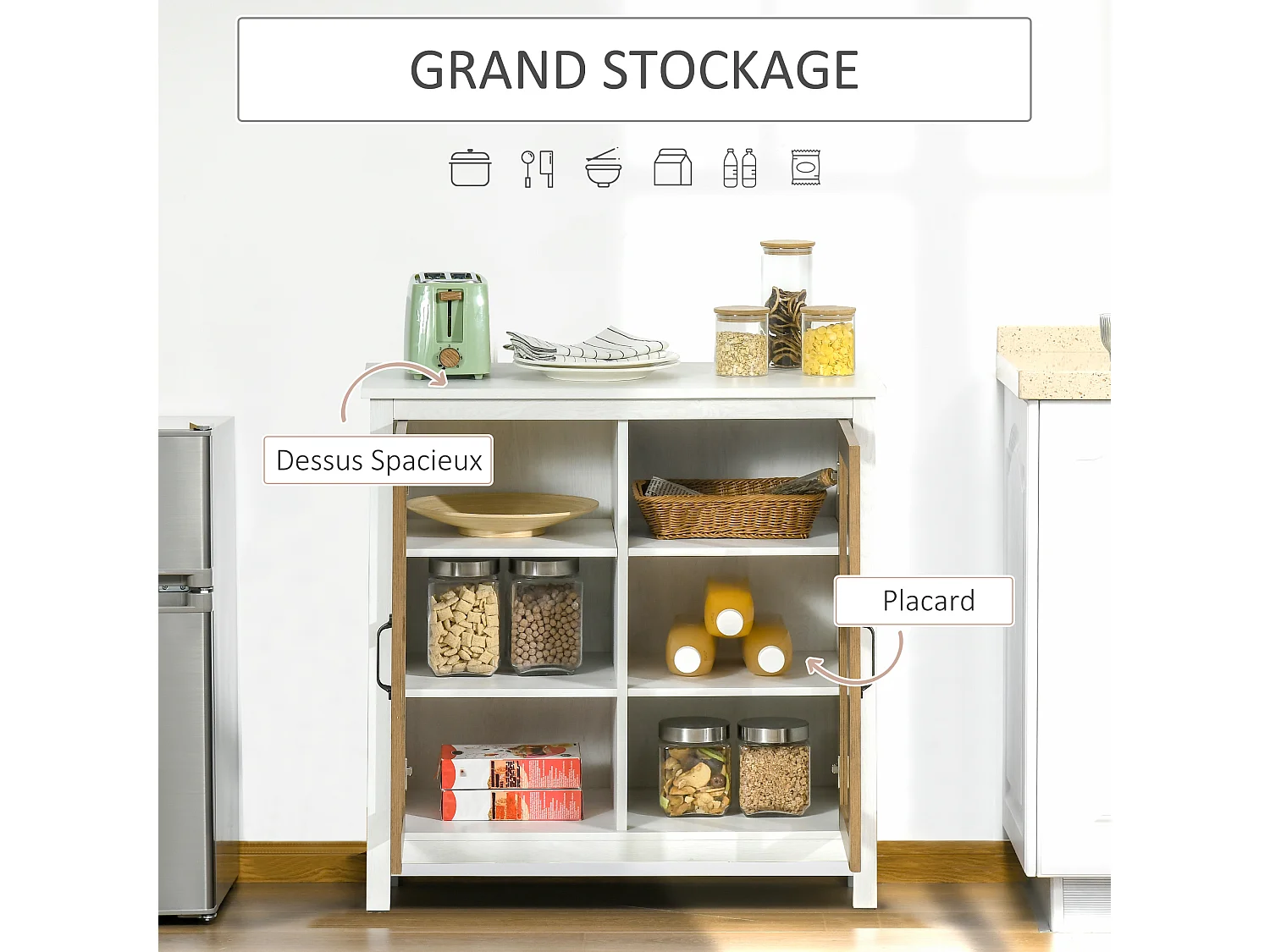 Buffet armoire de rangement - 2 portes vitrine verre, 2 étagères réglables - verre trempé panneaux particules aspect bois blanc effet céruse