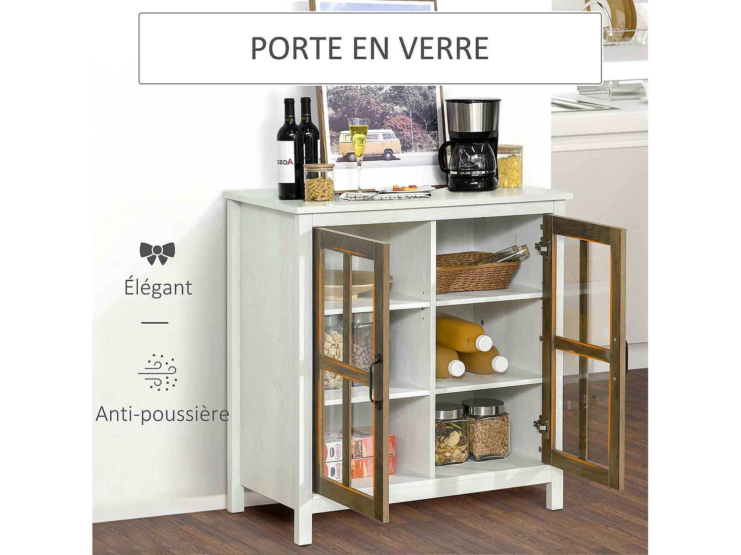 Buffet armoire de rangement - 2 portes vitrine verre, 2 étagères réglables - verre trempé panneaux particules aspect bois blanc effet céruse