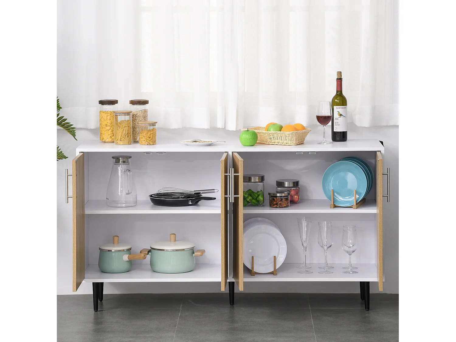 Buffet meuble de rangement 2 placards 2 portes avec étagères réglables blanc chêne clair