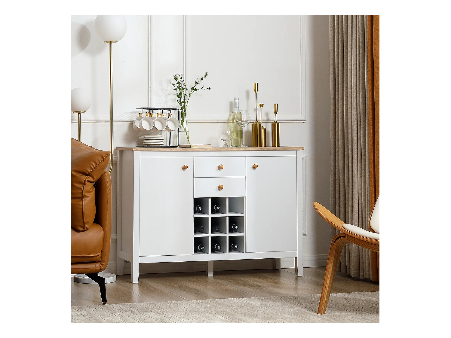 Buffet meuble de rangement avec 2 tiroirs, 2 portes étagères réglables et porte-bouteilles pour 9 bouteilles - dim. 110I x 35P x 75H cm