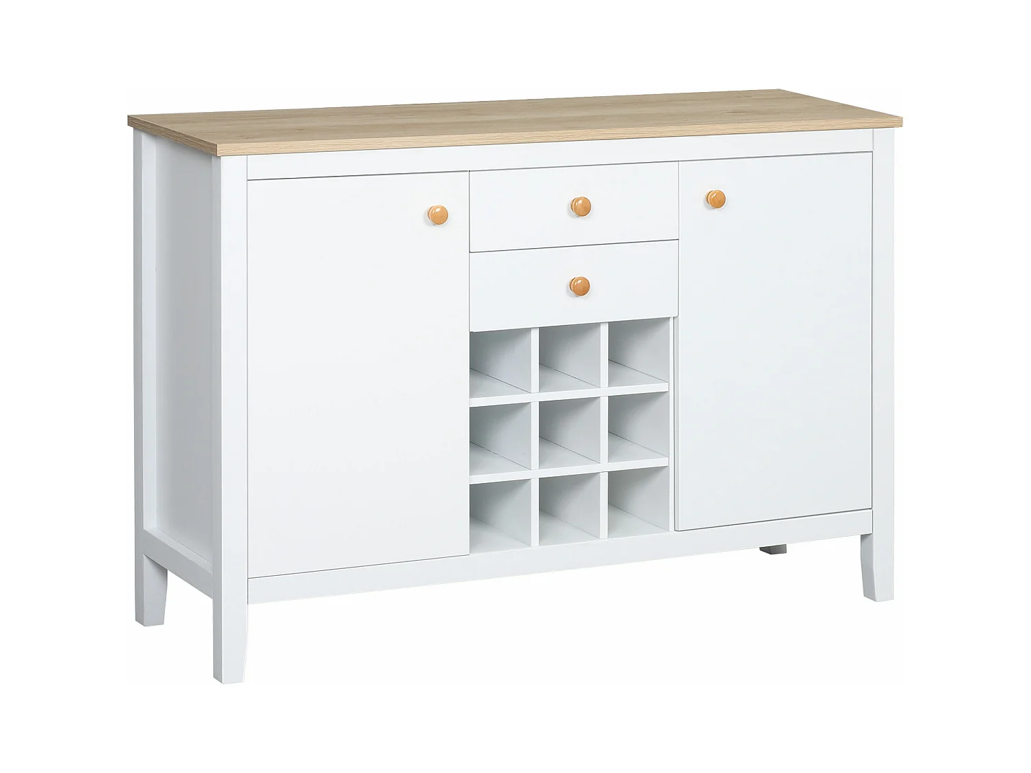 Buffet meuble de rangement avec 2 tiroirs, 2 portes étagères réglables et porte-bouteilles pour 9 bouteilles - dim. 110I x 35P x 75H cm