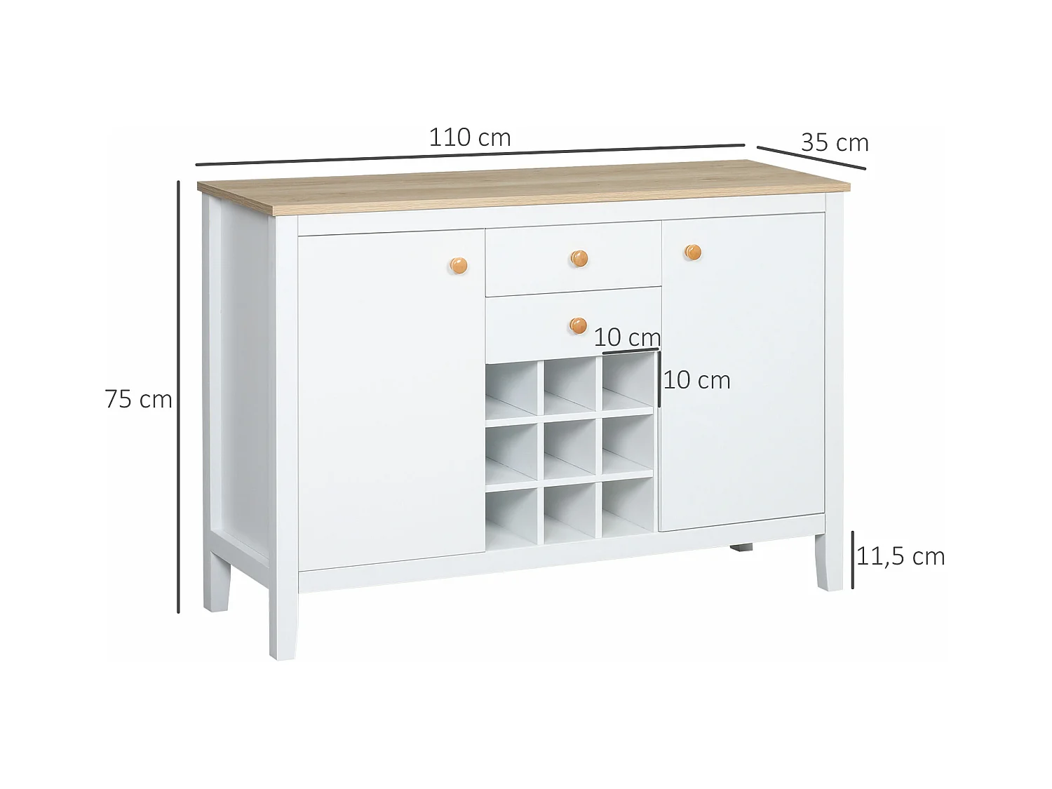 Buffet meuble de rangement avec 2 tiroirs, 2 portes étagères réglables et porte-bouteilles pour 9 bouteilles - dim. 110I x 35P x 75H cm