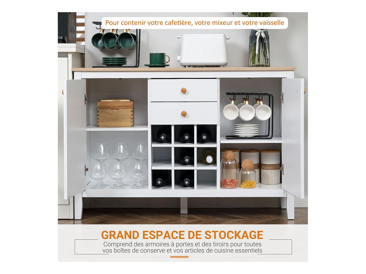 Buffet meuble de rangement avec 2 tiroirs, 2 portes étagères réglables et porte-bouteilles pour 9 bouteilles - dim. 110I x 35P x 75H cm