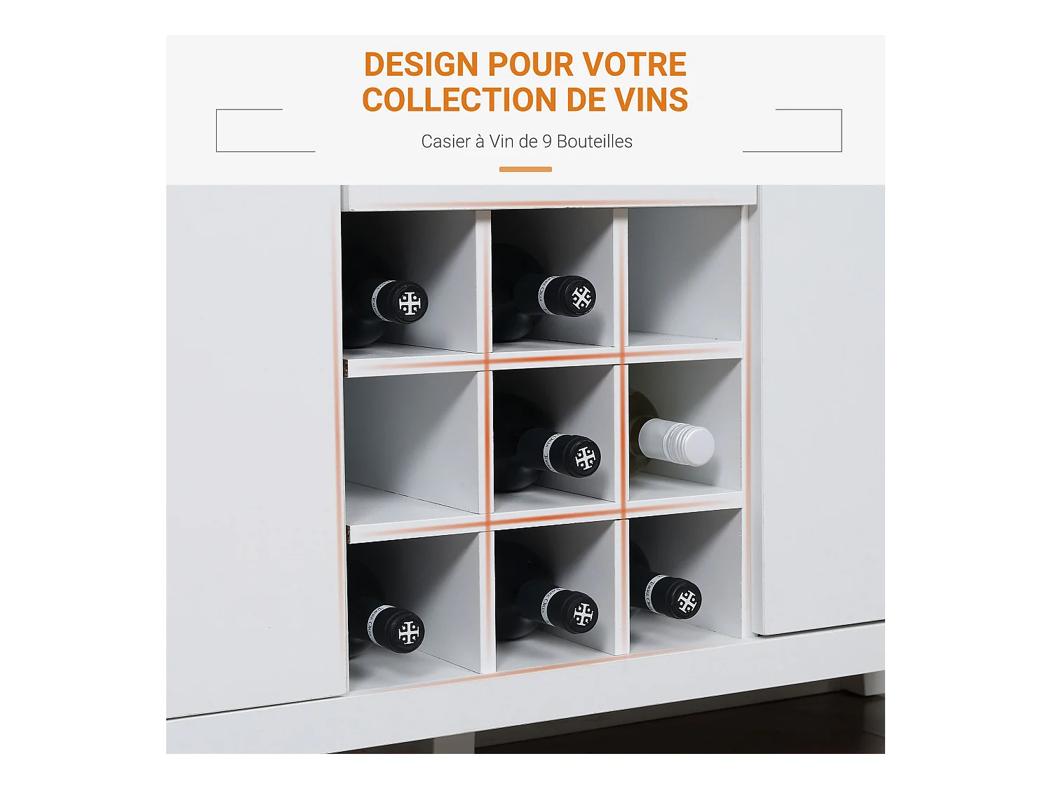 Buffet meuble de rangement avec 2 tiroirs, 2 portes étagères réglables et porte-bouteilles pour 9 bouteilles - dim. 110I x 35P x 75H cm