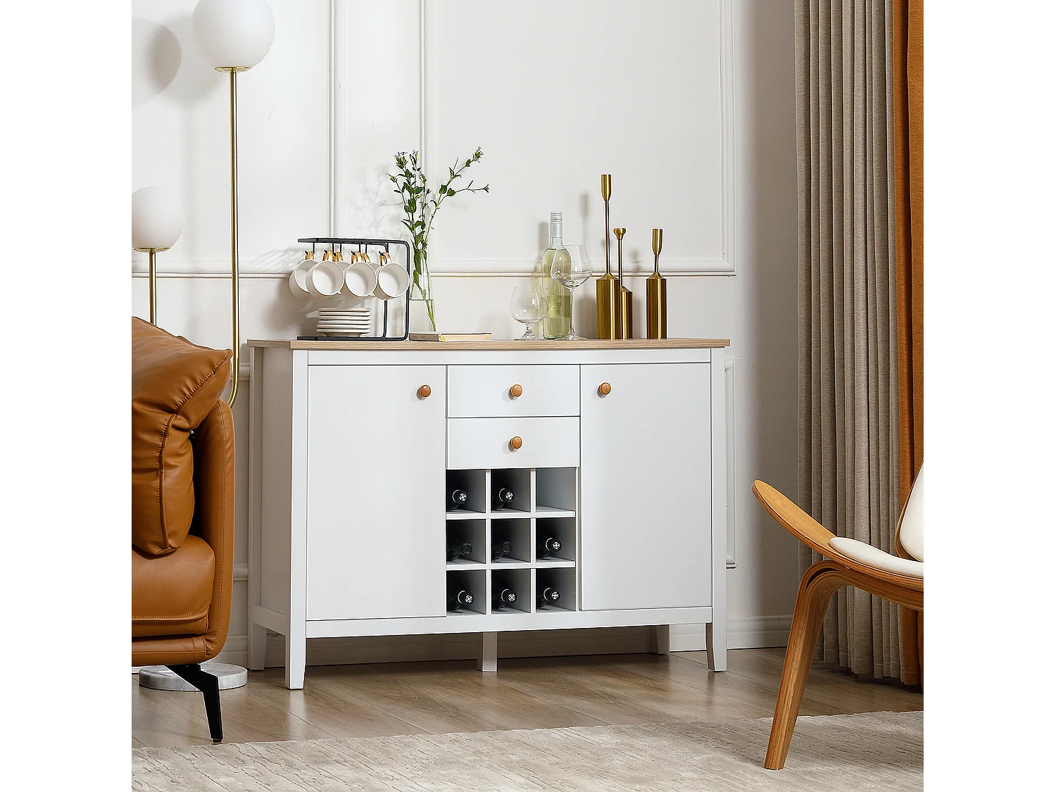 Buffet meuble de rangement avec 2 tiroirs, 2 portes étagères réglables et porte-bouteilles pour 9 bouteilles - dim. 110I x 35P x 75H cm