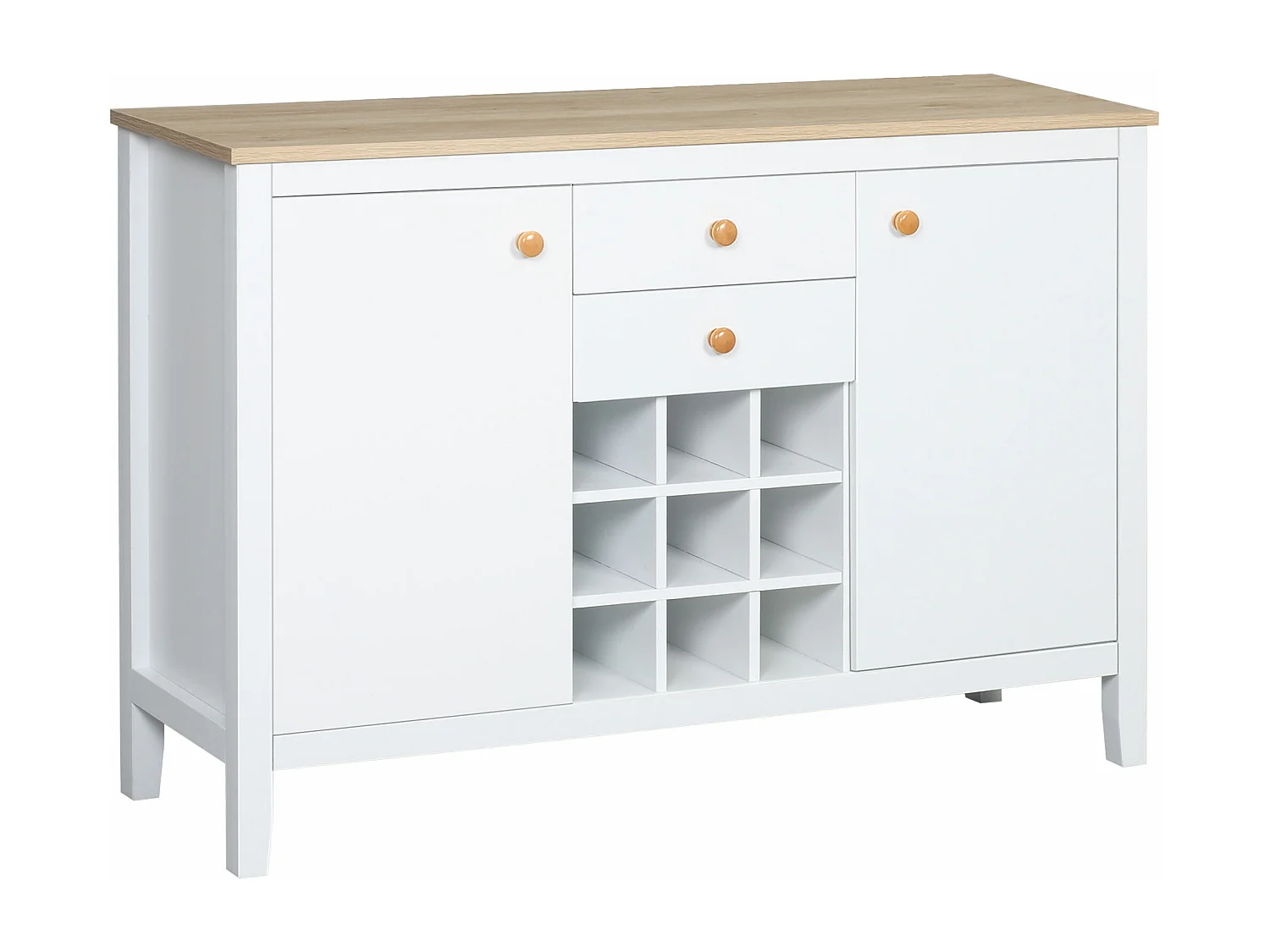 Buffet meuble de rangement avec 2 tiroirs, 2 portes étagères réglables et porte-bouteilles pour 9 bouteilles - dim. 110I x 35P x 75H cm