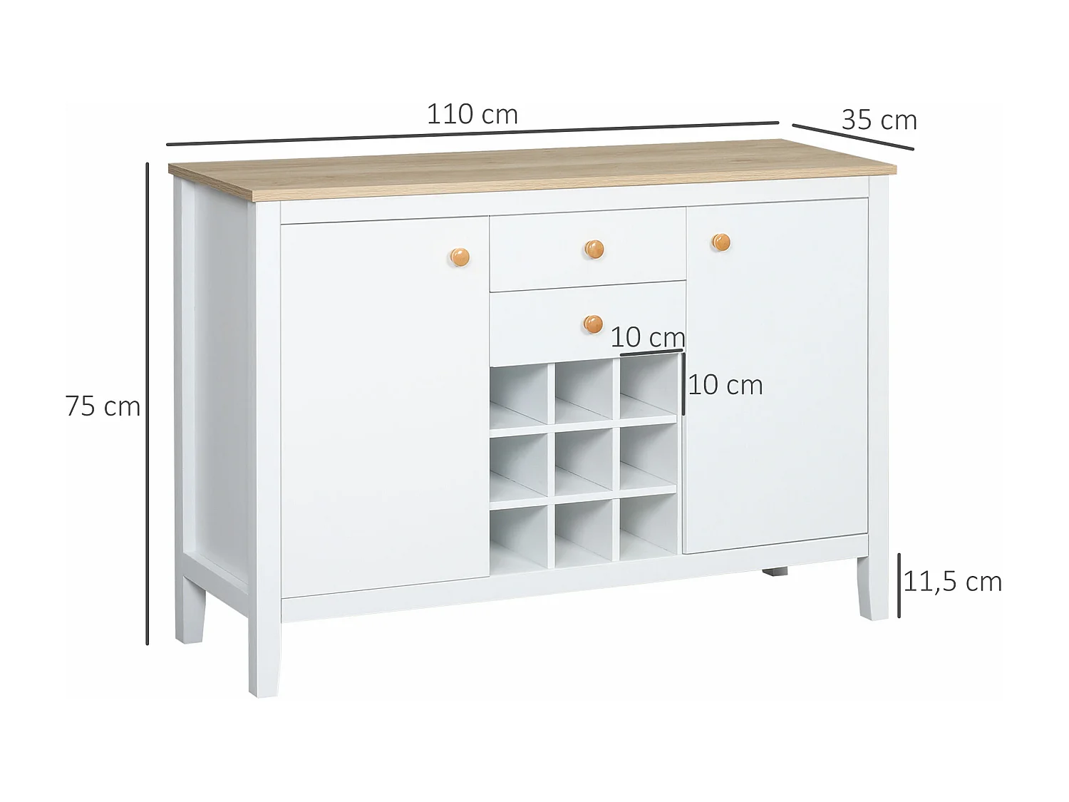 Buffet meuble de rangement avec 2 tiroirs, 2 portes étagères réglables et porte-bouteilles pour 9 bouteilles - dim. 110I x 35P x 75H cm