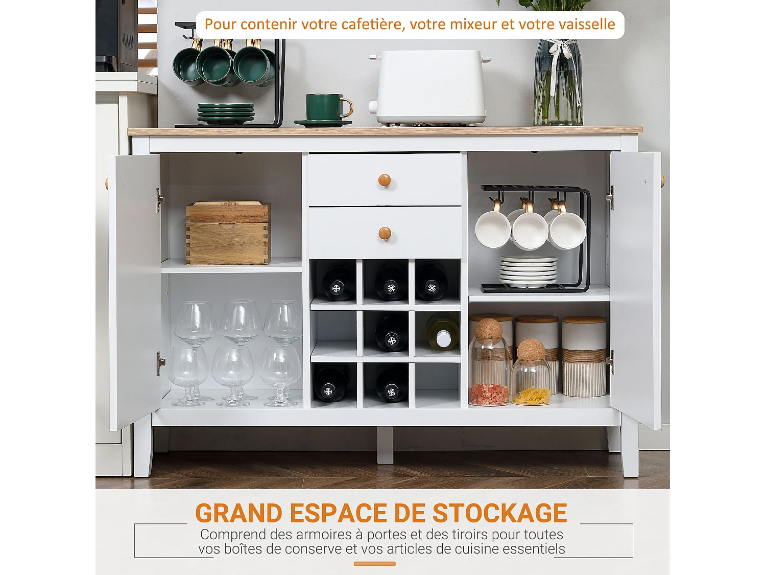Buffet meuble de rangement avec 2 tiroirs, 2 portes étagères réglables et porte-bouteilles pour 9 bouteilles - dim. 110I x 35P x 75H cm