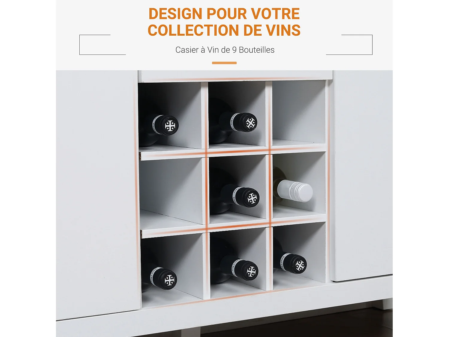 Buffet meuble de rangement avec 2 tiroirs, 2 portes étagères réglables et porte-bouteilles pour 9 bouteilles - dim. 110I x 35P x 75H cm