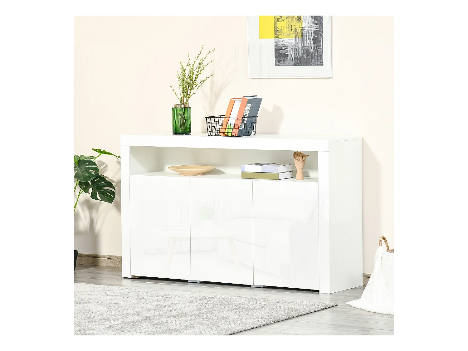HOMCOM Buffet LED - meuble de rangement LED - 3 placards avec étagère et grande niche - panneaux particules MDF blanc laqué