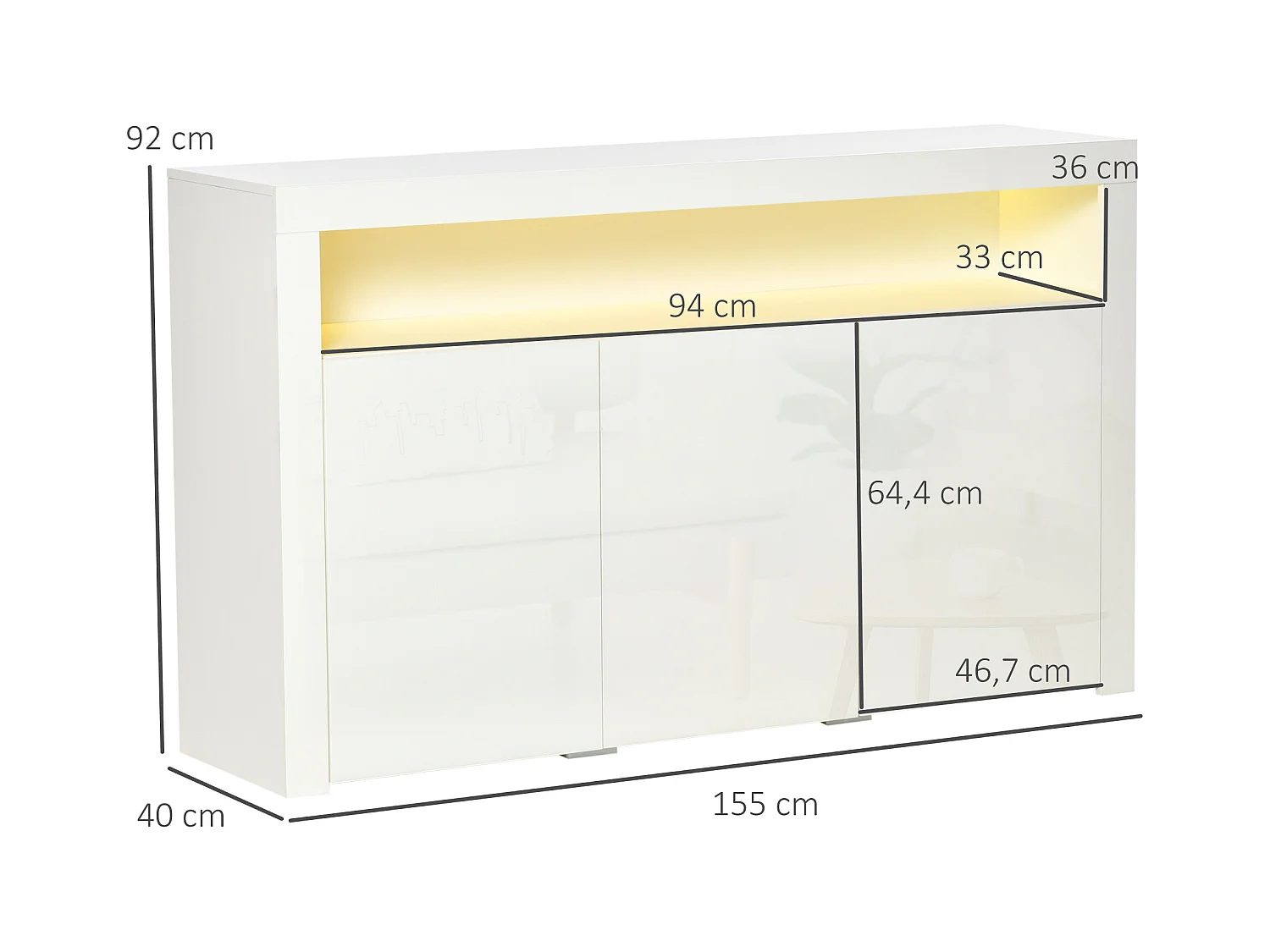 HOMCOM Buffet LED - meuble de rangement LED - 3 placards avec étagère et grande niche - panneaux particules MDF blanc laqué