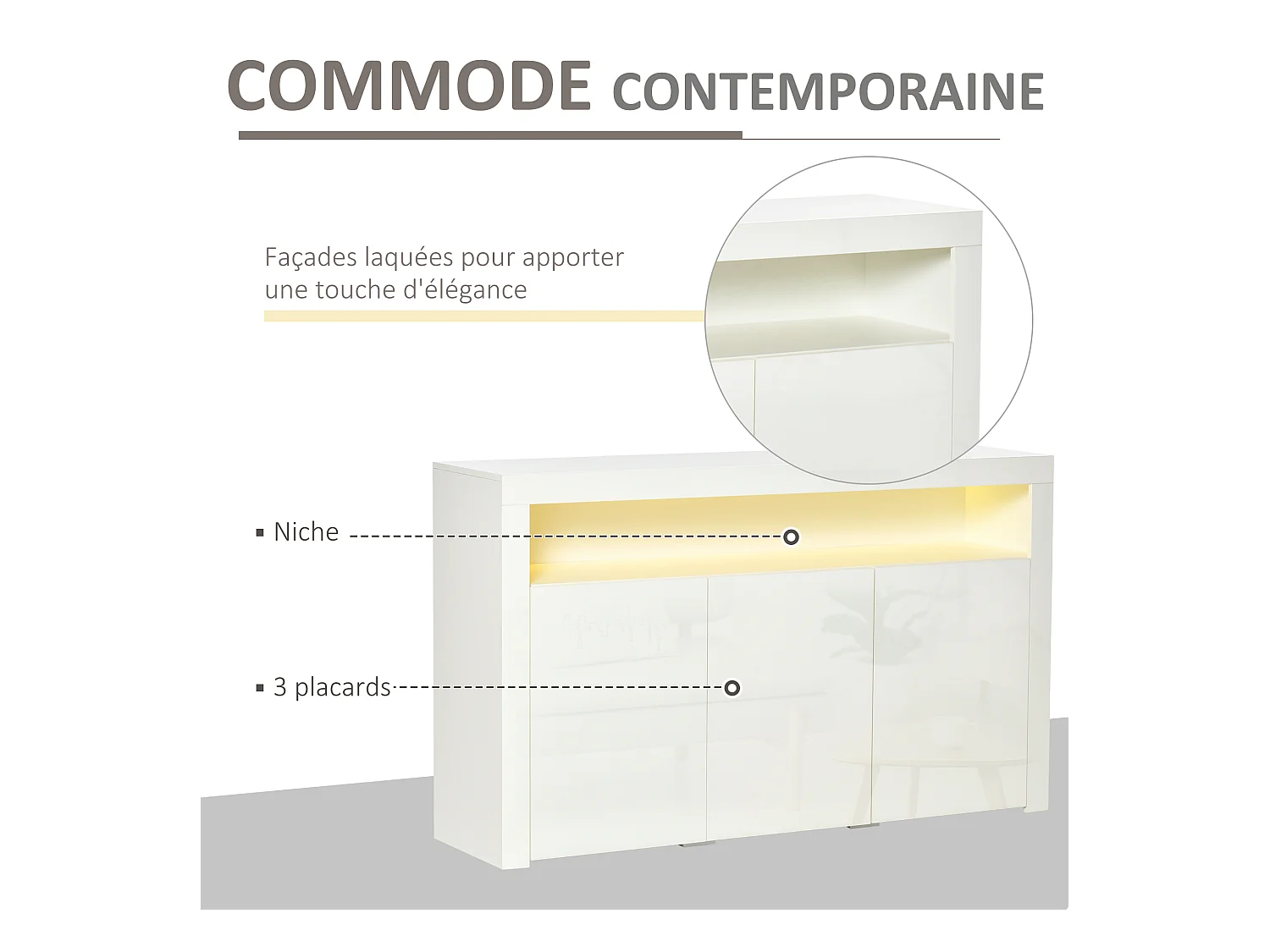 HOMCOM Buffet LED - meuble de rangement LED - 3 placards avec étagère et grande niche - panneaux particules MDF blanc laqué