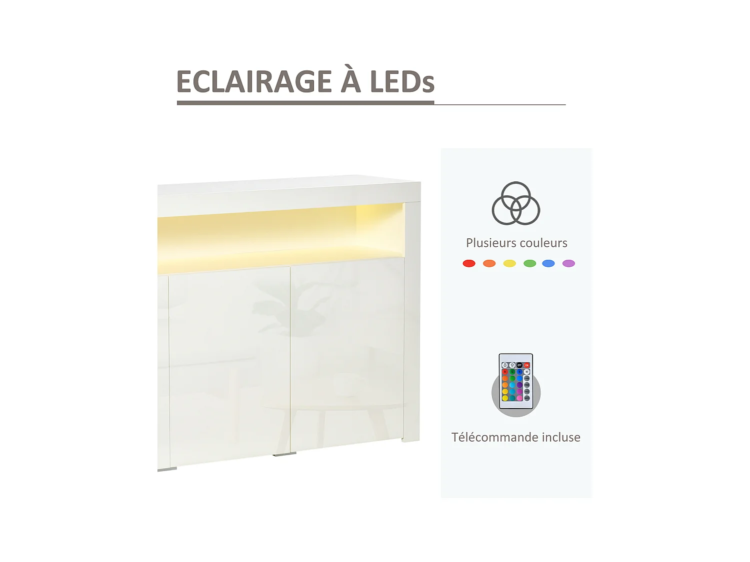 HOMCOM Buffet LED - meuble de rangement LED - 3 placards avec étagère et grande niche - panneaux particules MDF blanc laqué
