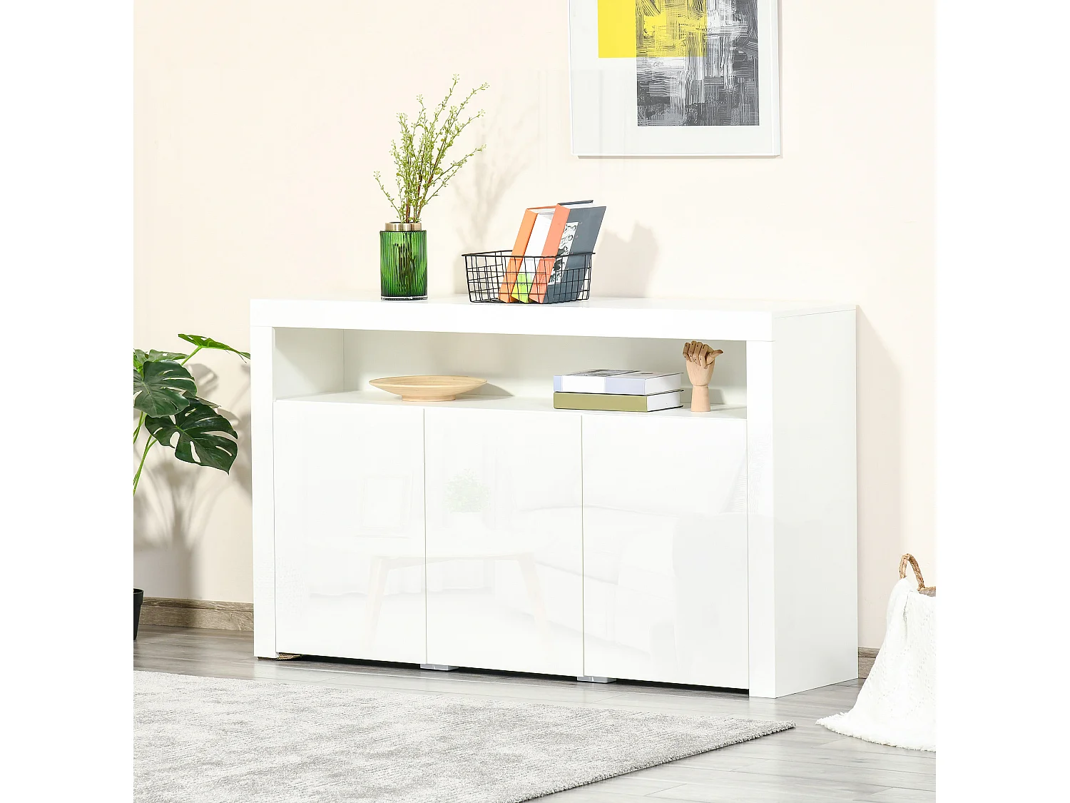 HOMCOM Buffet LED - meuble de rangement LED - 3 placards avec étagère et grande niche - panneaux particules MDF blanc laqué