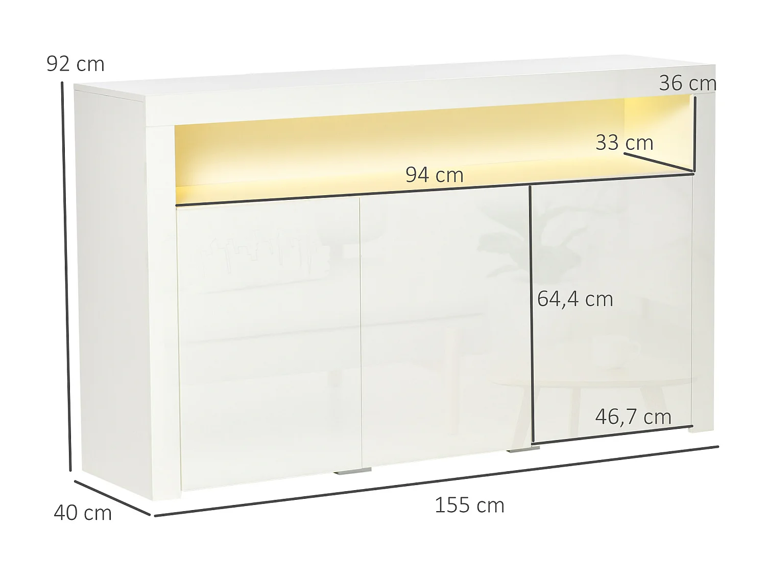 HOMCOM Buffet LED - meuble de rangement LED - 3 placards avec étagère et grande niche - panneaux particules MDF blanc laqué