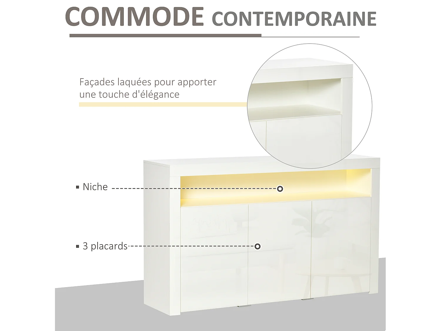 HOMCOM Buffet LED - meuble de rangement LED - 3 placards avec étagère et grande niche - panneaux particules MDF blanc laqué