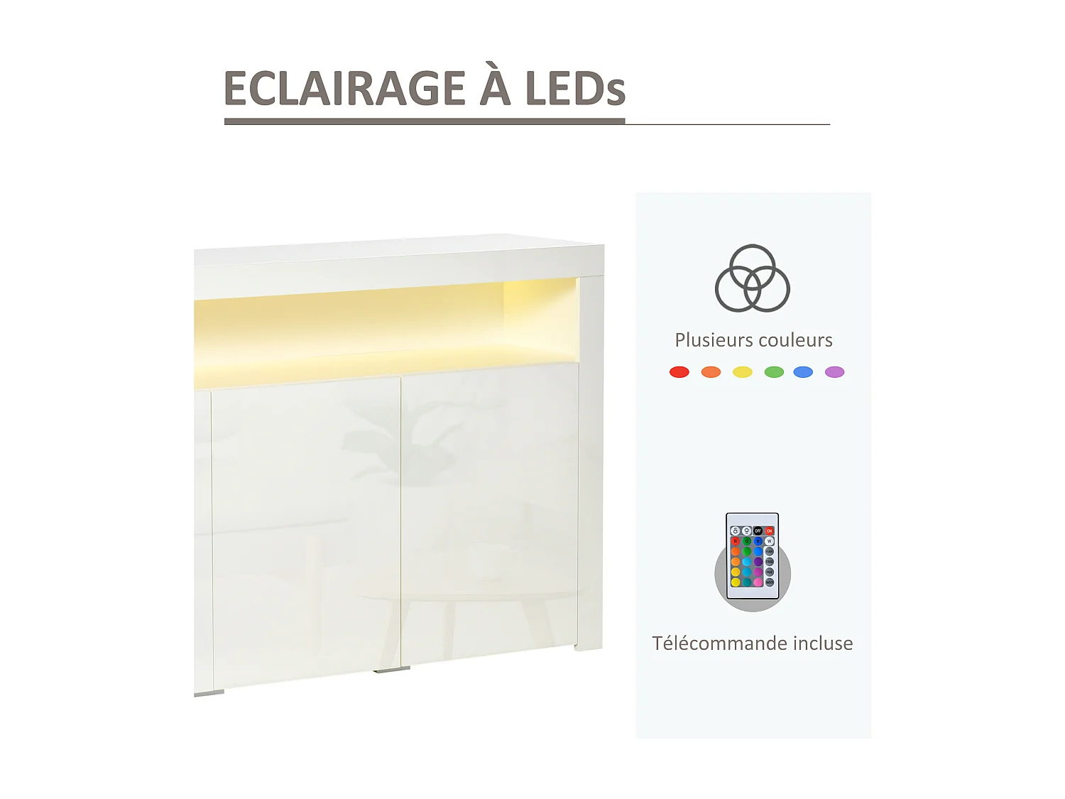 HOMCOM Buffet LED - meuble de rangement LED - 3 placards avec étagère et grande niche - panneaux particules MDF blanc laqué
