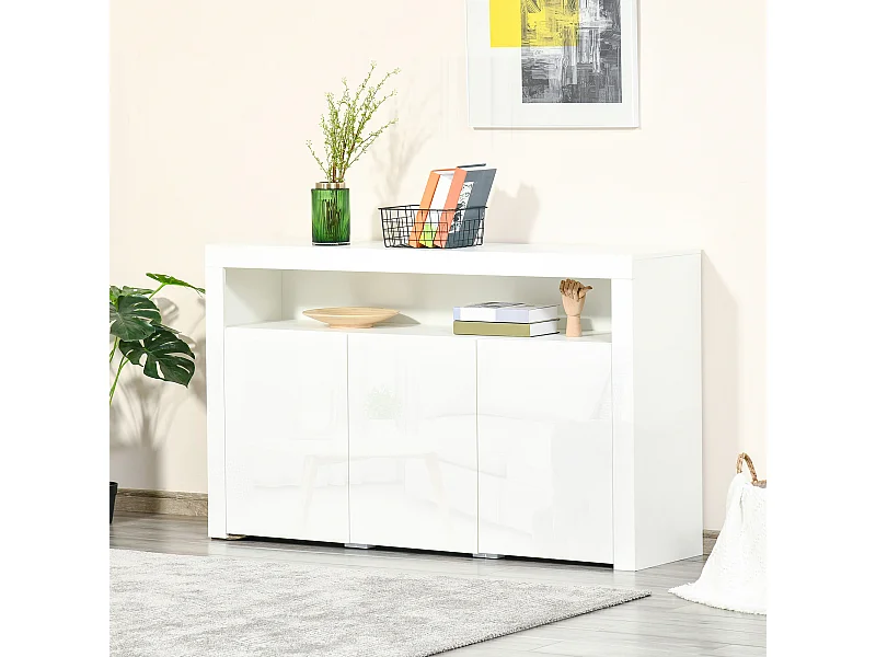 HOMCOM Buffet LED - meuble de rangement LED - 3 placards avec étagère et grande niche - panneaux particules MDF blanc laqué