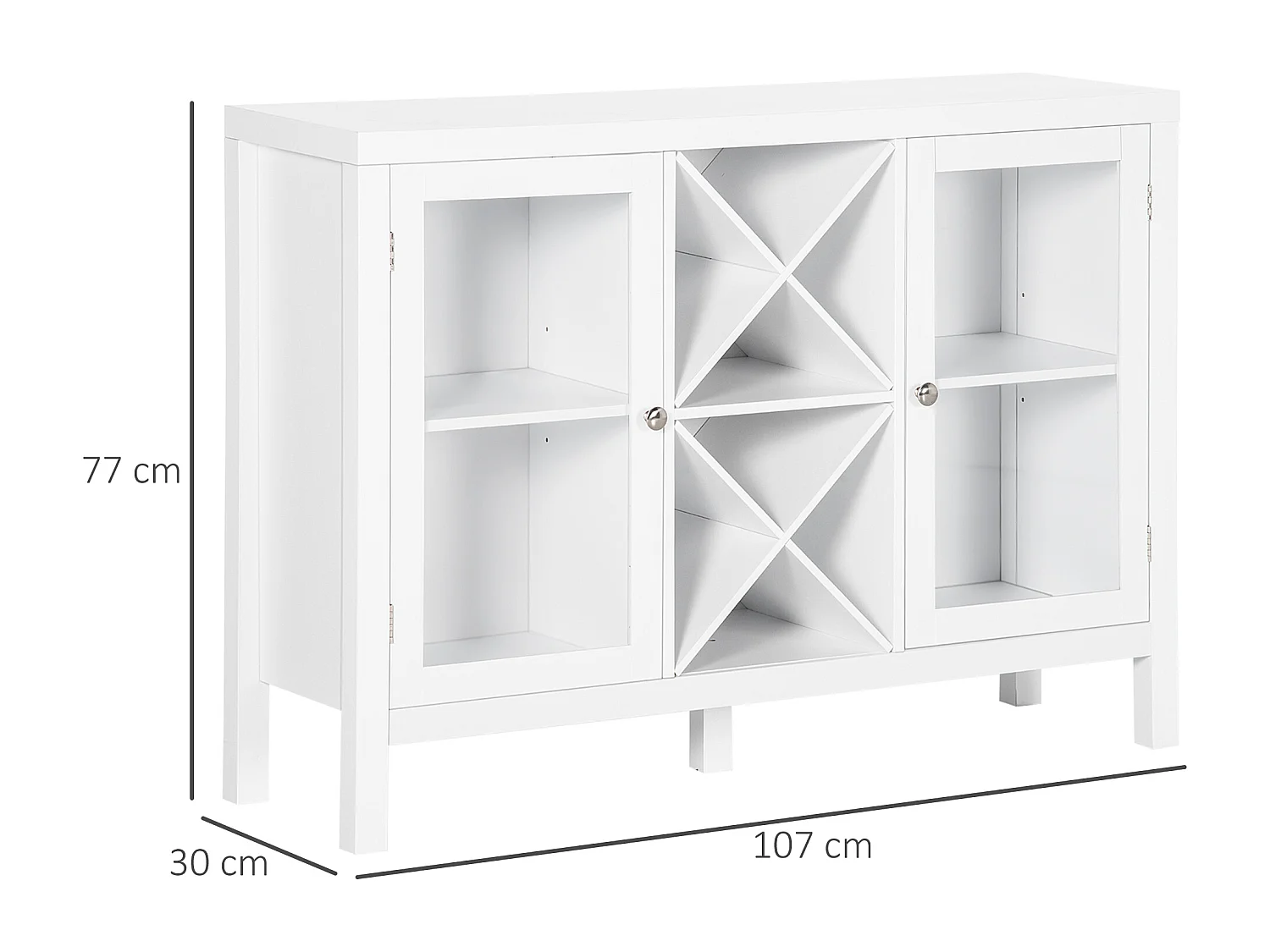 Buffet meuble de rangement 2 portes vitrées avec étagère réglable et porte-bouteilles dim. 107I x 30l x 77H cm MDF blanc