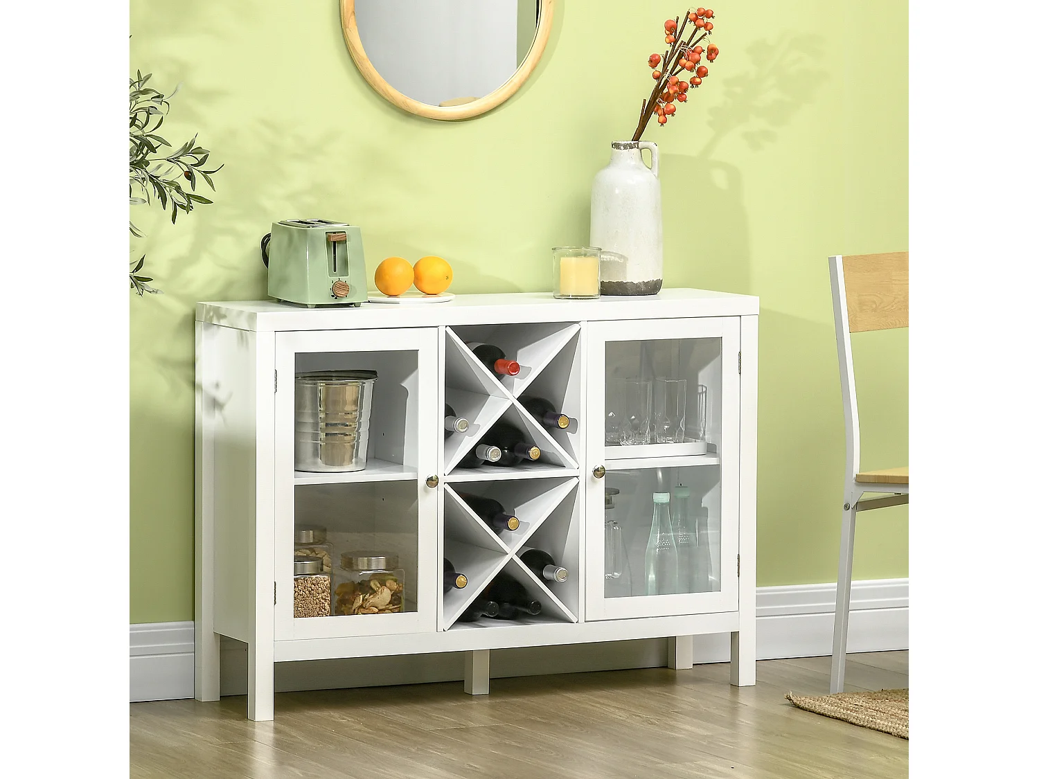 Buffet meuble de rangement 2 portes vitrées avec étagère réglable et porte-bouteilles dim. 107I x 30l x 77H cm MDF blanc