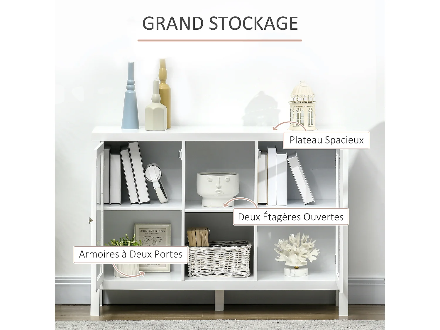 Buffet meuble de rangement 2 portes vitrées avec étagère réglable et porte-bouteilles dim. 107I x 30l x 77H cm MDF blanc