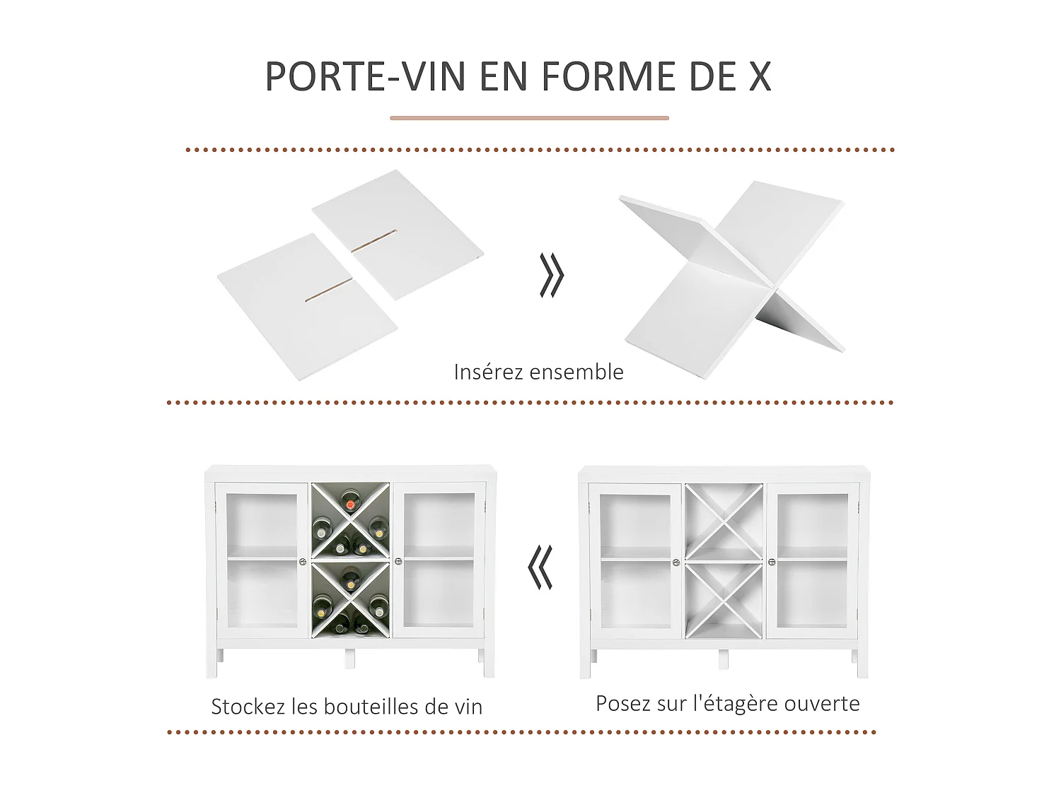 Buffet meuble de rangement 2 portes vitrées avec étagère réglable et porte-bouteilles dim. 107I x 30l x 77H cm MDF blanc