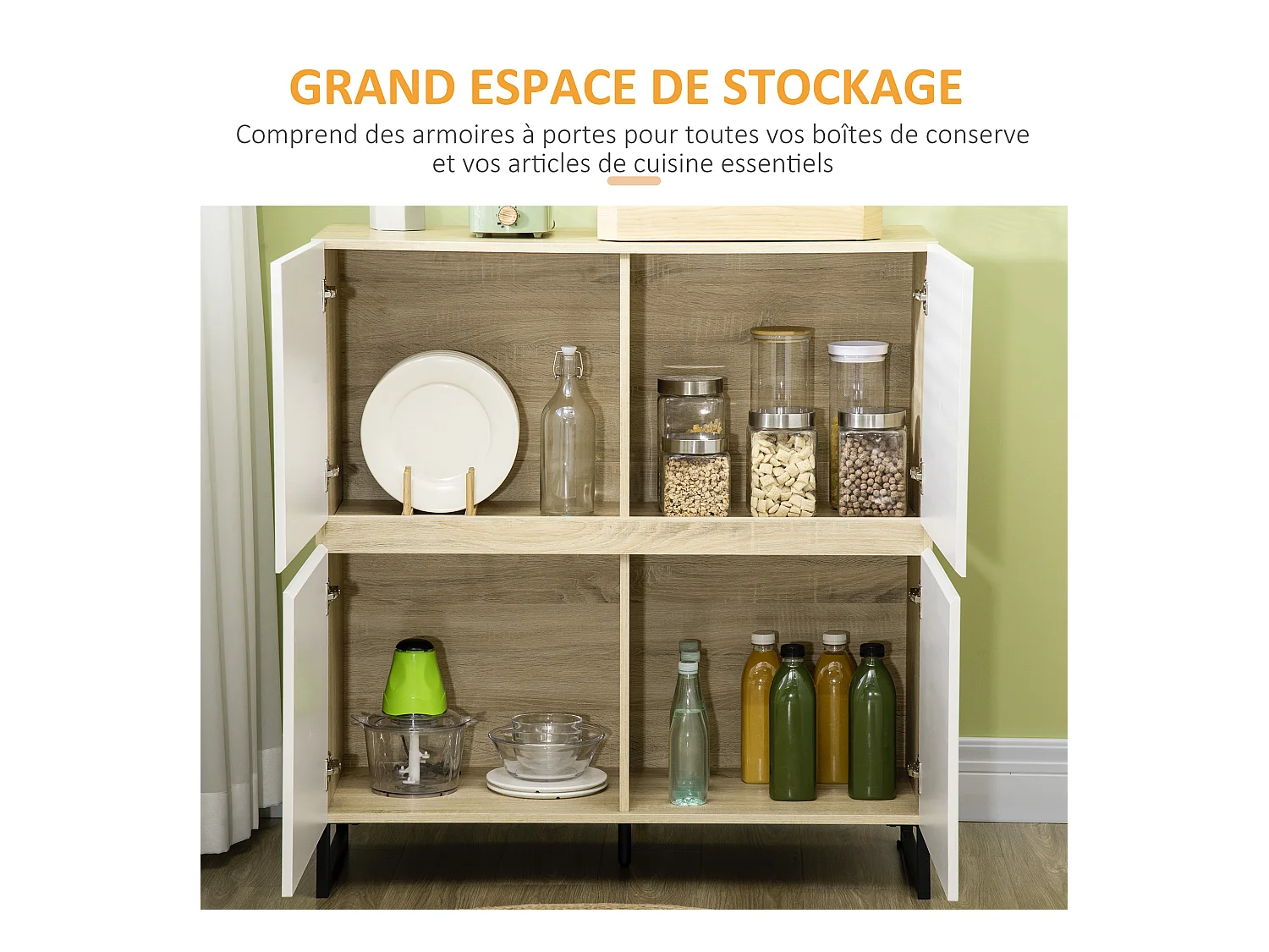 Buffet meuble de rangement 4 portes piétement acier 100L x 41,5l x 107H cm