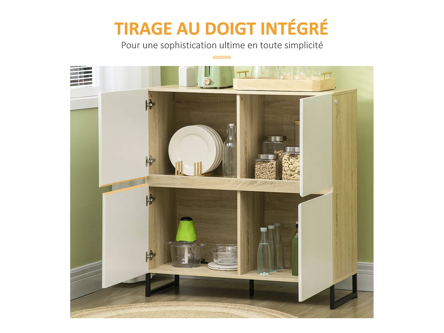Buffet meuble de rangement 4 portes piétement acier 100L x 41,5l x 107H cm