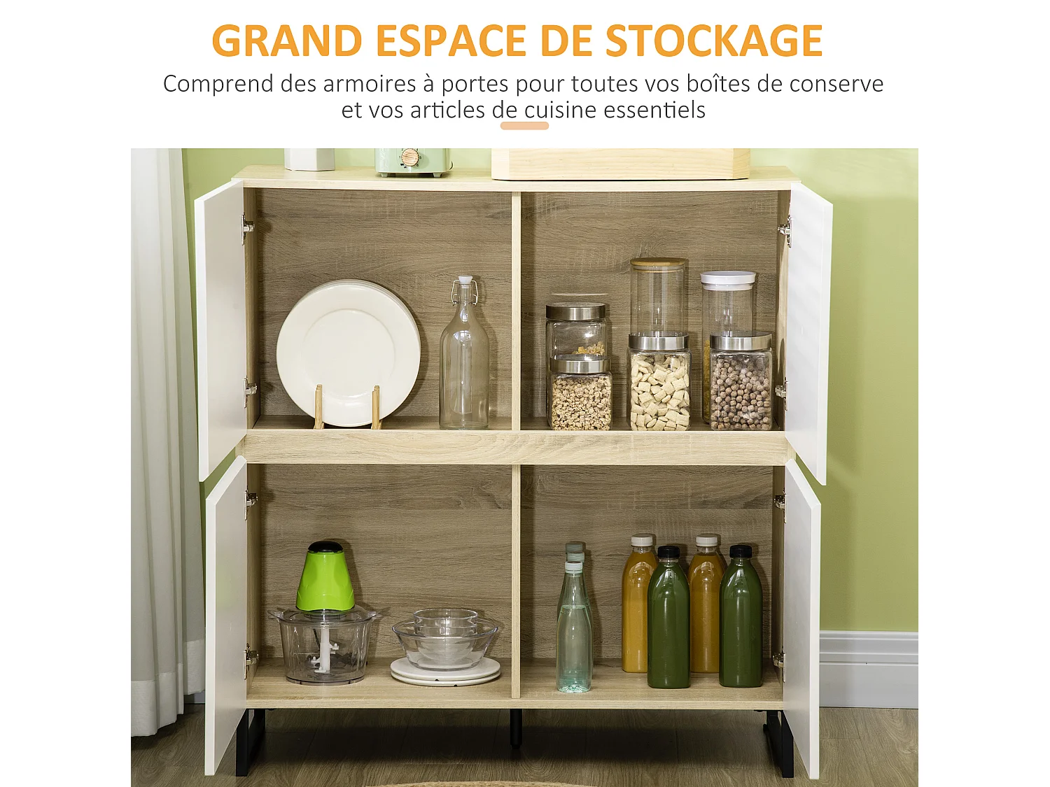 Buffet meuble de rangement 4 portes piétement acier 100L x 41,5l x 107H cm