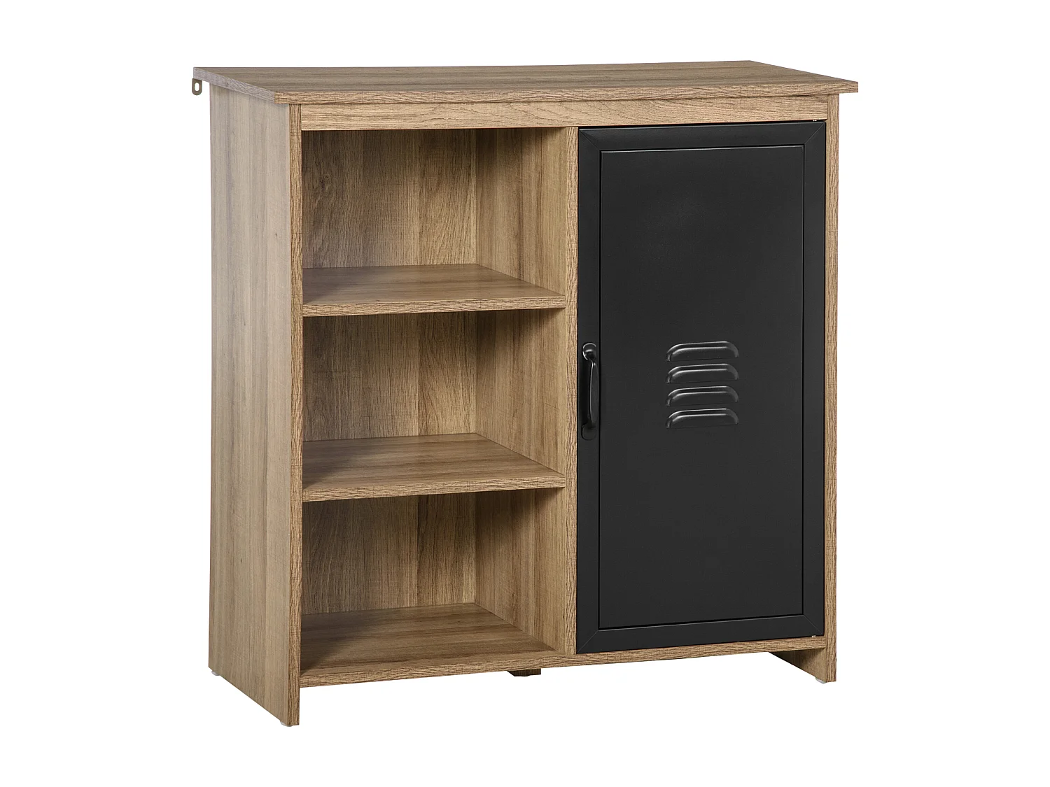 Buffet design industriel - meuble de rangement 3 niches placard - panneaux particules aspect bois veinage porte métal noir