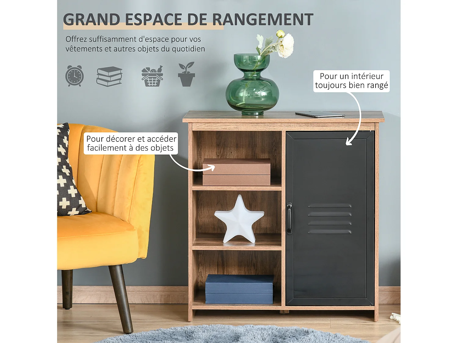 Buffet design industriel - meuble de rangement 3 niches placard - panneaux particules aspect bois veinage porte métal noir