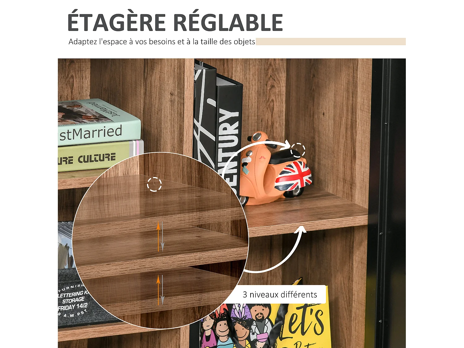 Buffet design industriel - meuble de rangement 3 niches placard - effet bois métal noir