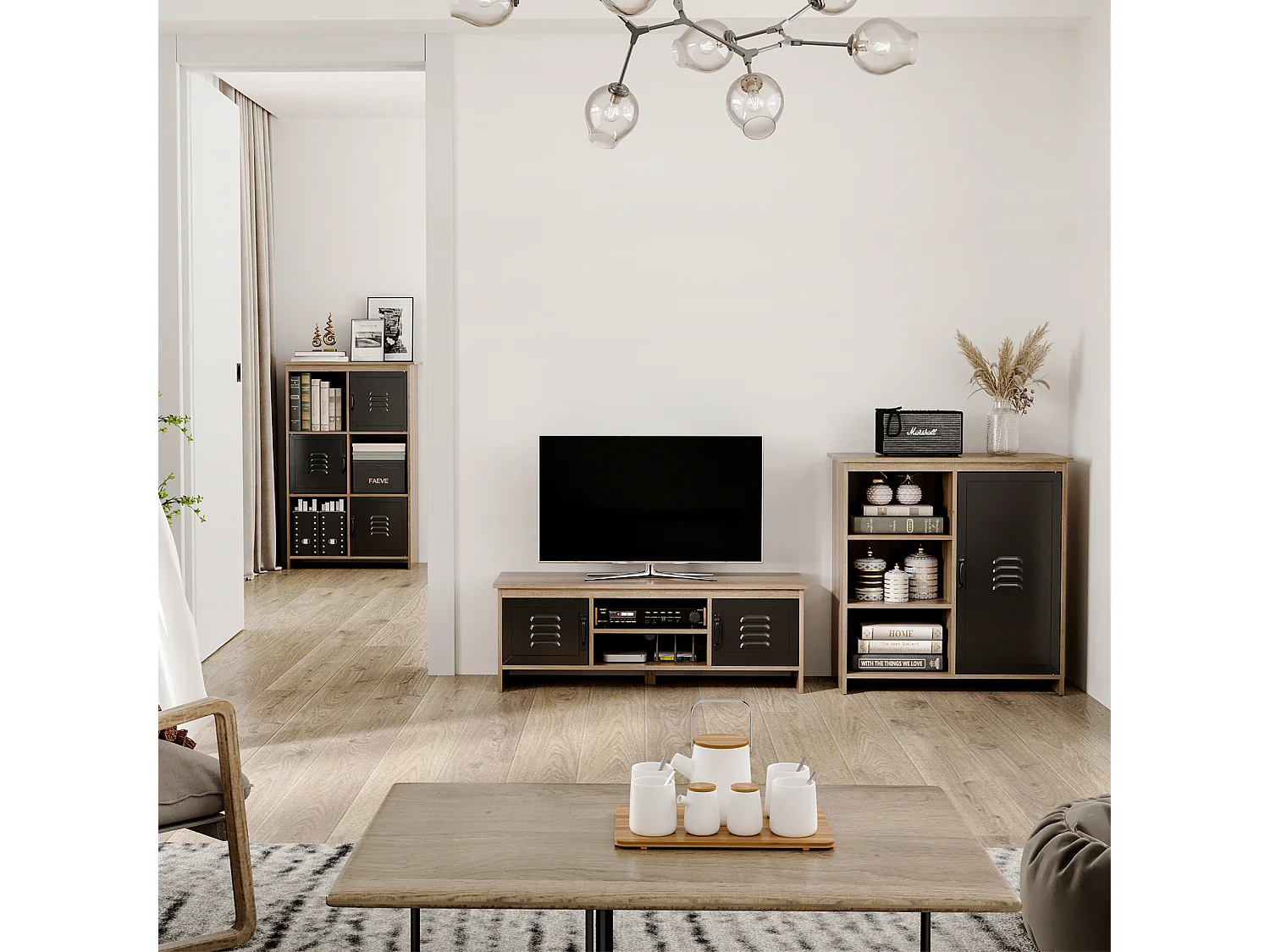 Buffet design industriel - meuble de rangement 3 niches placard - effet bois métal noir