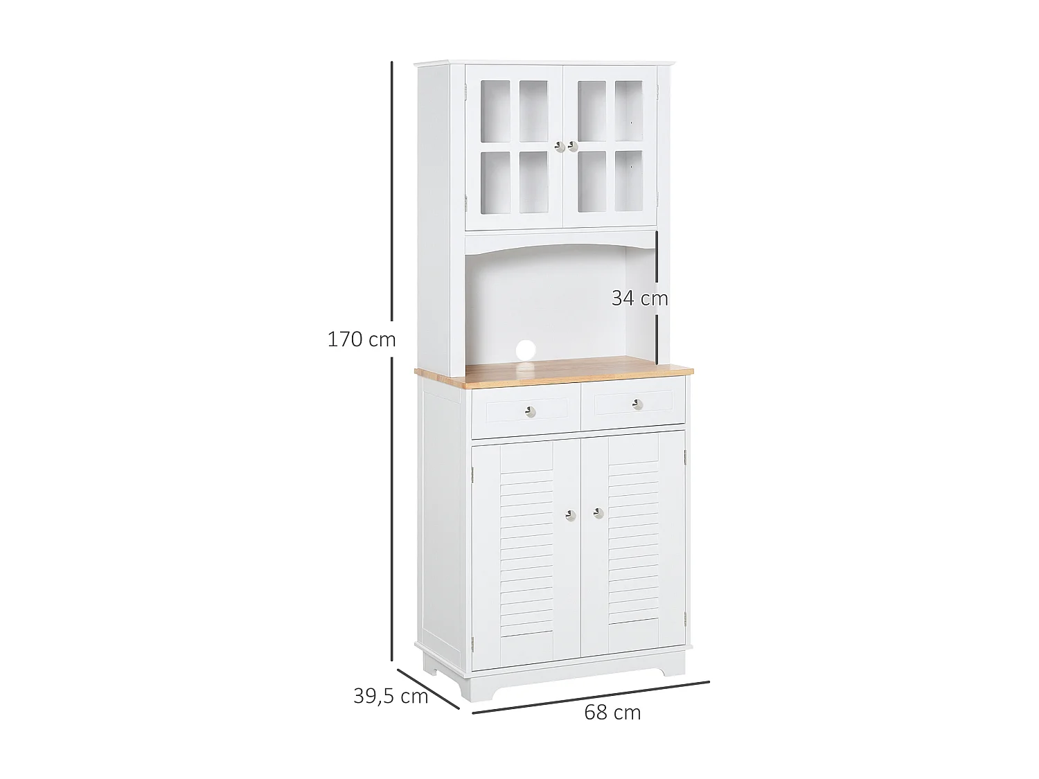 Armoire de cuisine 2 placards 2 portes persiennes et acryliques 2 tiroirs grande niche bois caoutchouc MDF blanc