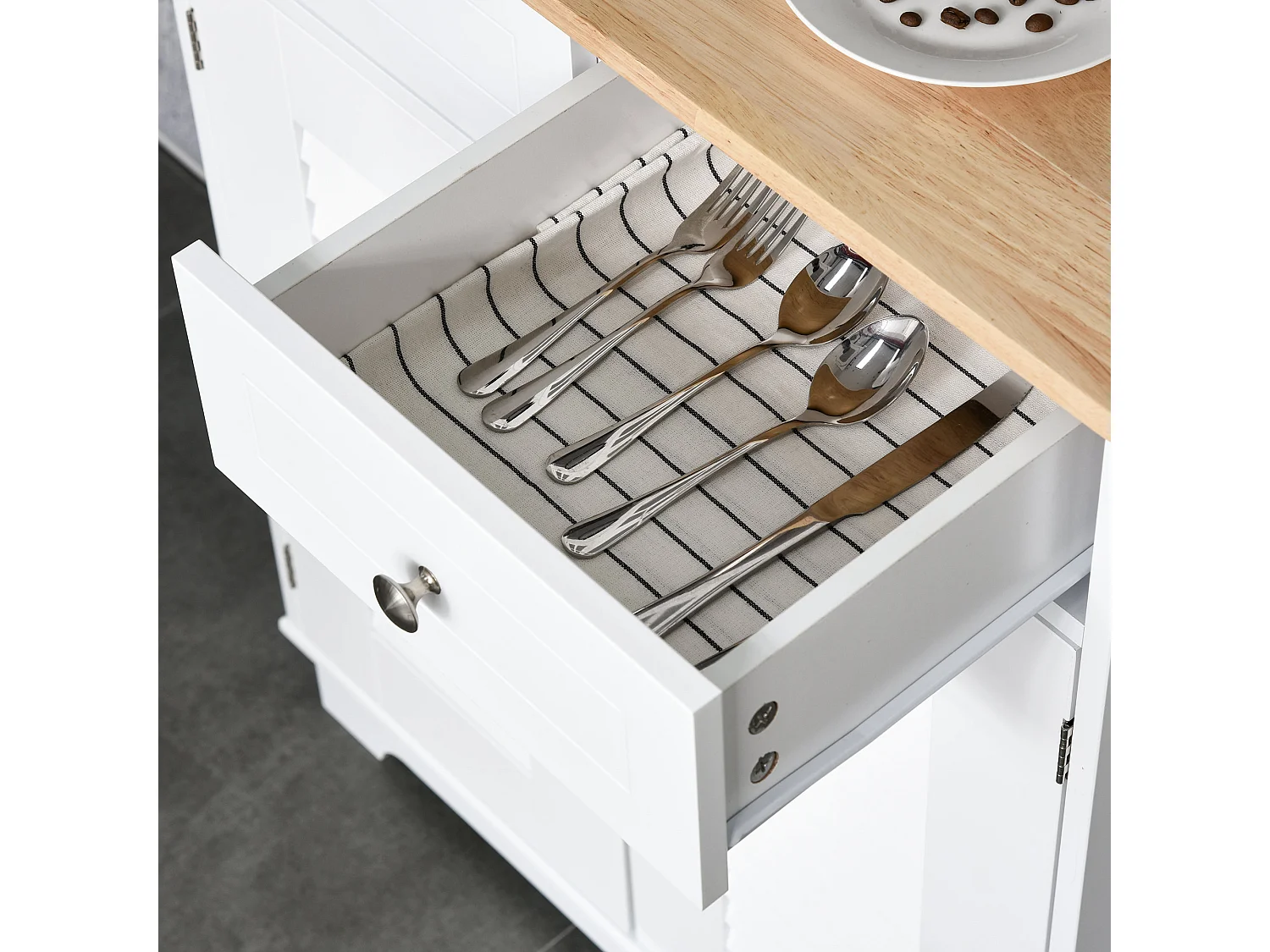 Armoire de cuisine 2 placards 2 portes persiennes et acryliques 2 tiroirs grande niche bois caoutchouc MDF blanc