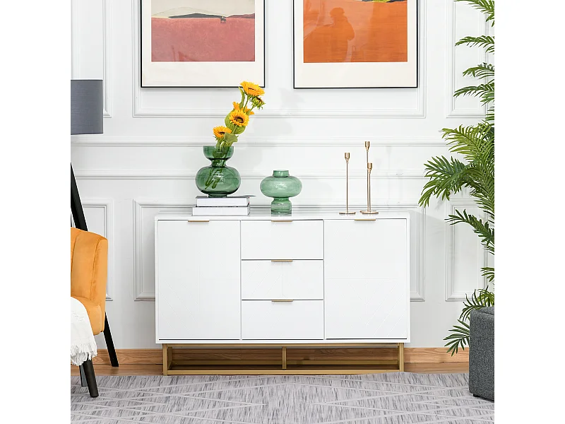 Buffet design contemporain graphique 2 placards porte étagères réglables 3 tiroirs coulissants MDF blanc métal doré