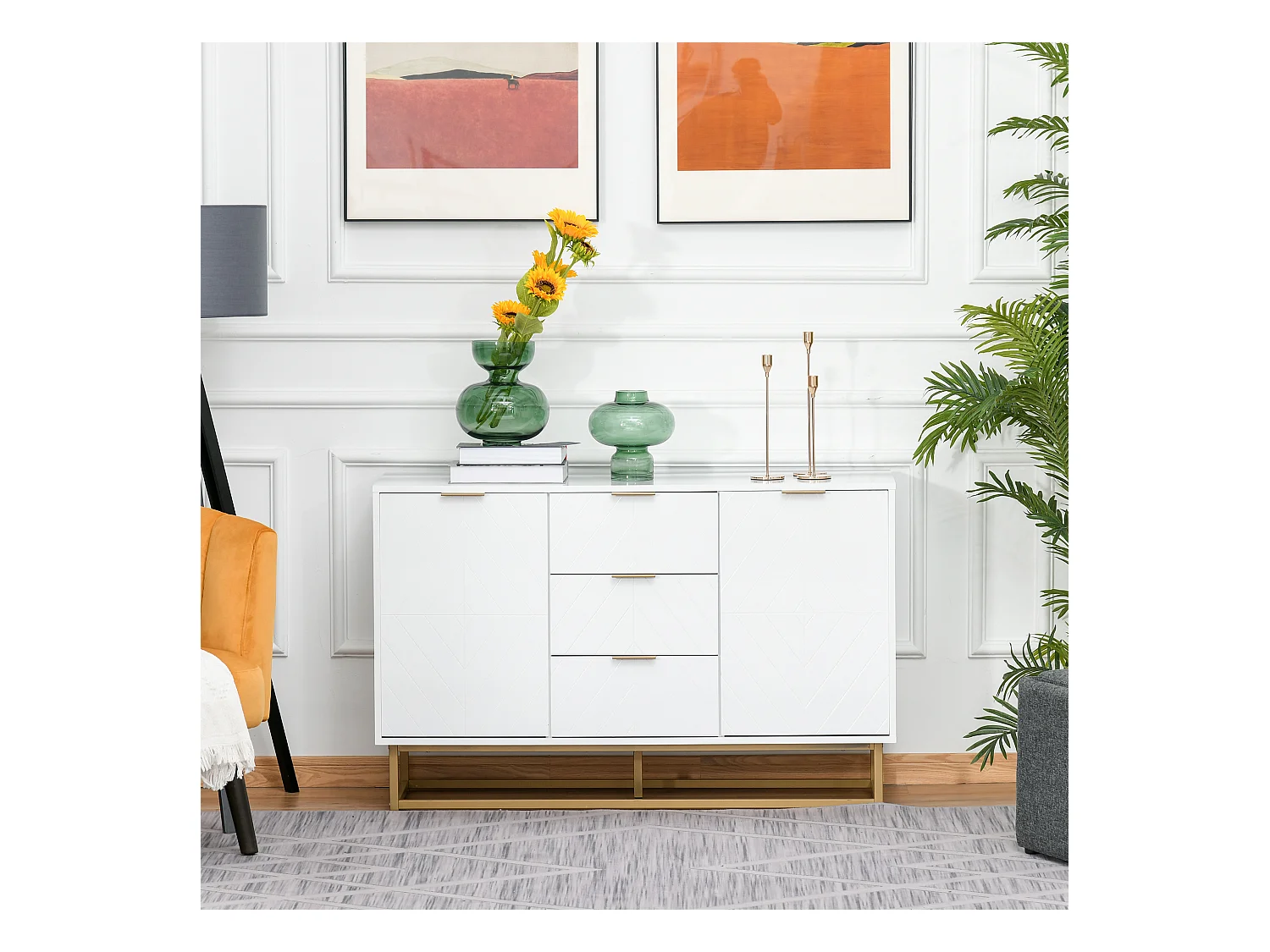Buffet design contemporain graphique 2 placards porte étagères réglables 3 tiroirs coulissants MDF blanc métal doré