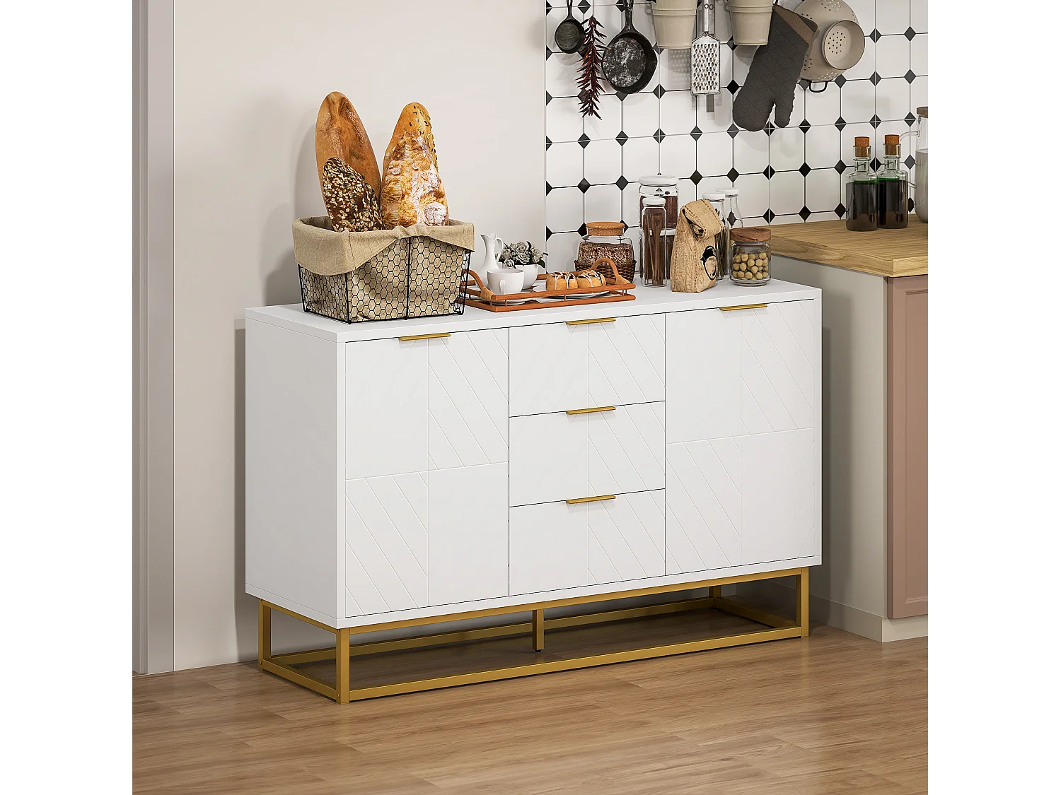 Buffet design contemporain graphique 2 placards porte étagères réglables 3 tiroirs coulissants MDF blanc métal doré